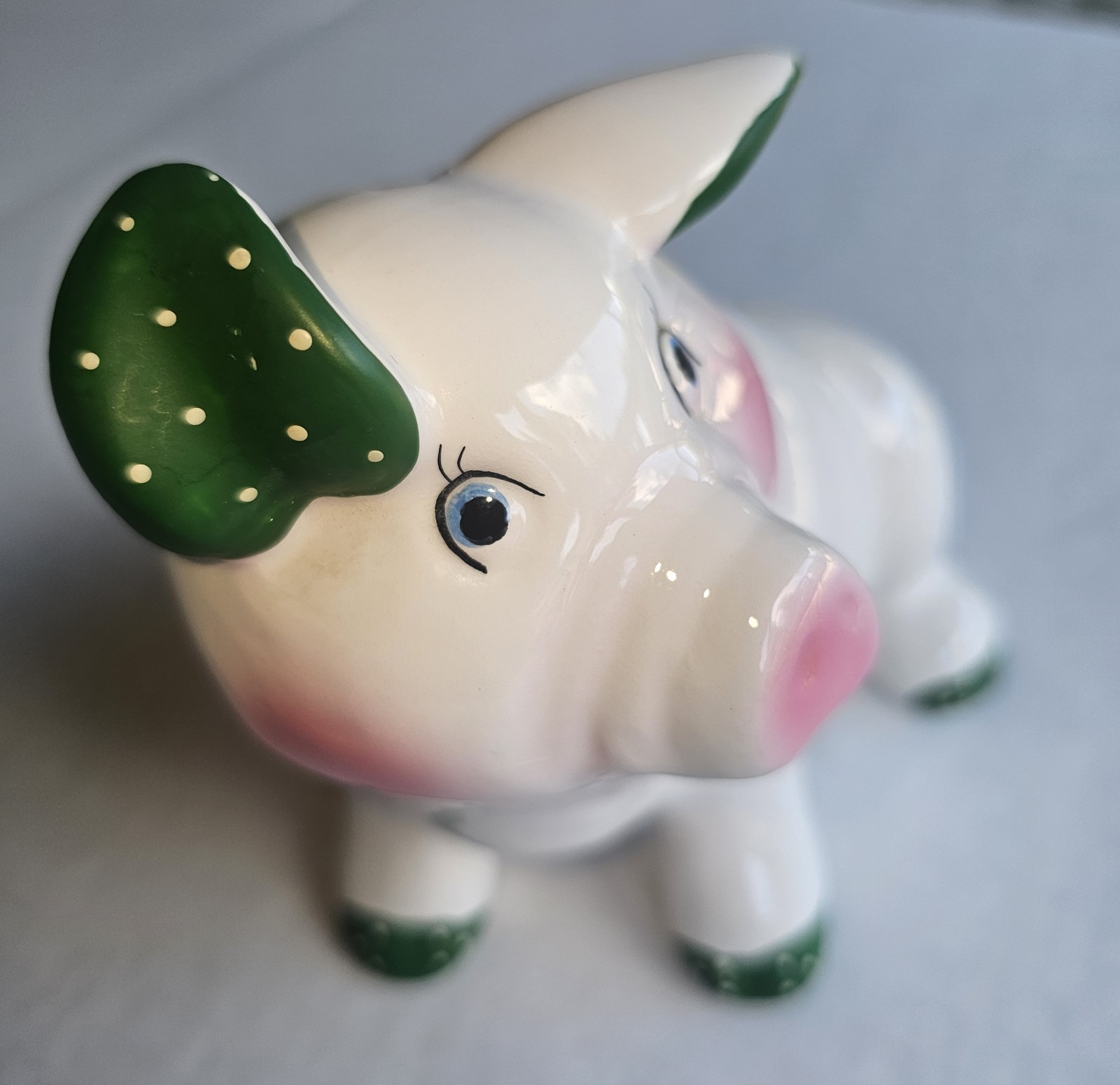 Ceramic Pig Figurine White Green Pink Polka Dot Glossy Finish 3D Effect