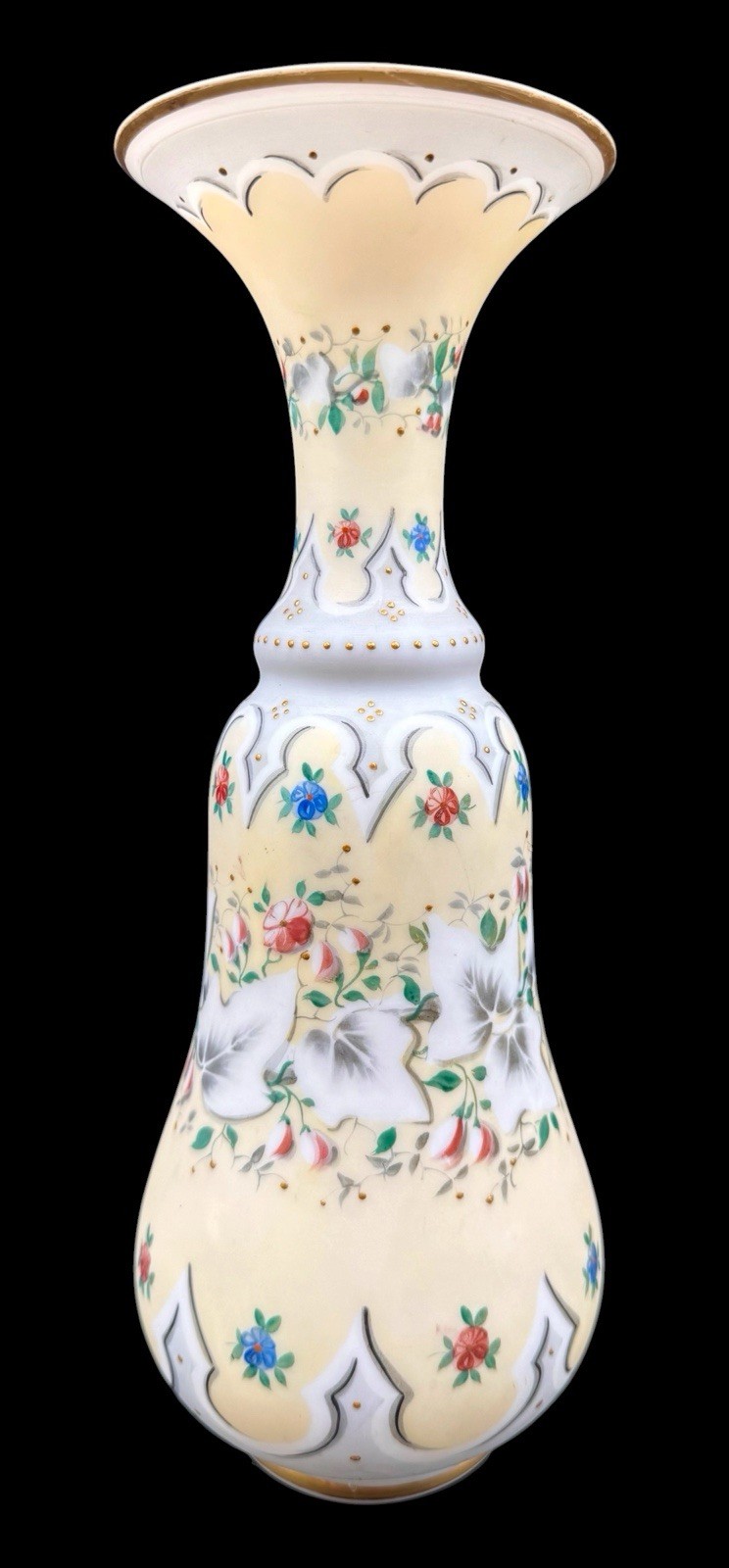 Antique Victorian Opaline Glass Vase Hand Painted Floral Gold Satin Yellow White