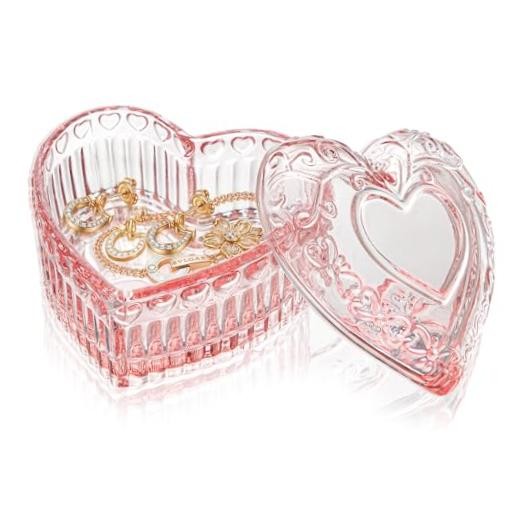 Glass Jewelry Box – Crystal Heart Shaped Jewelry Organizer Box, Pink-Heart