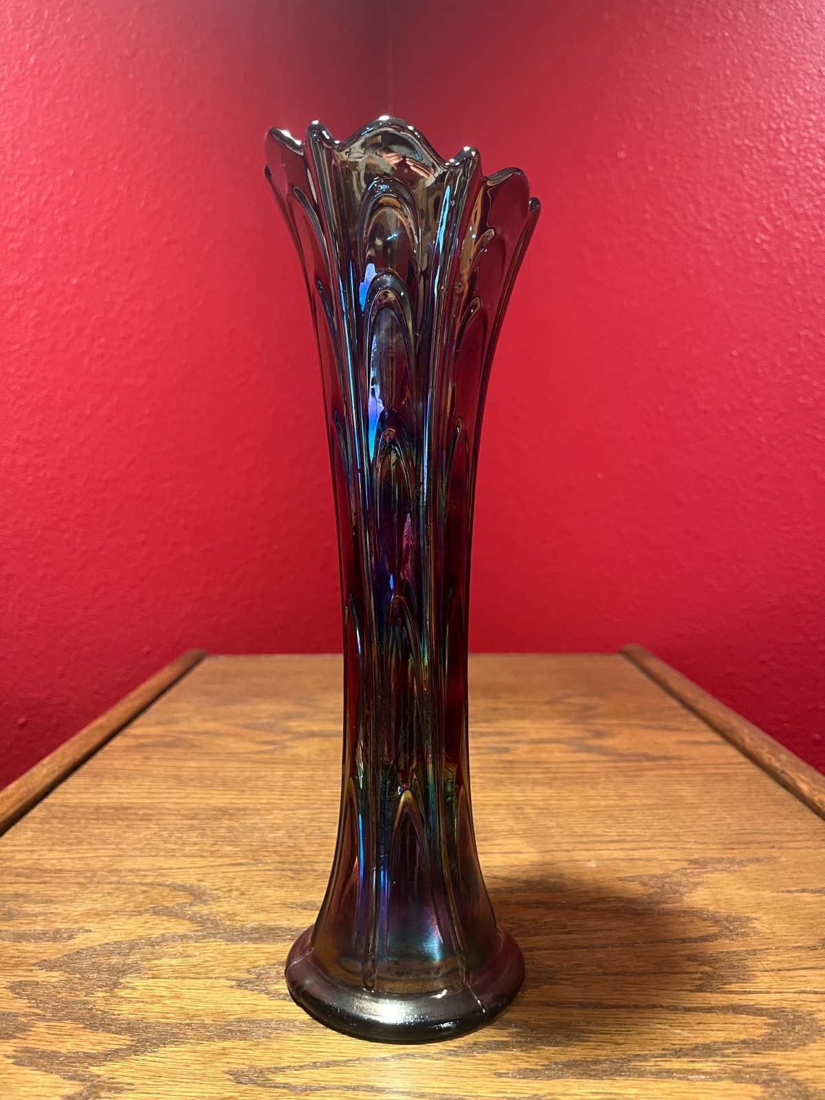 Dugan/Diamond Carnival Glass Blue Pulled Loop Vase; 11 3/4 inches tall; Pristine