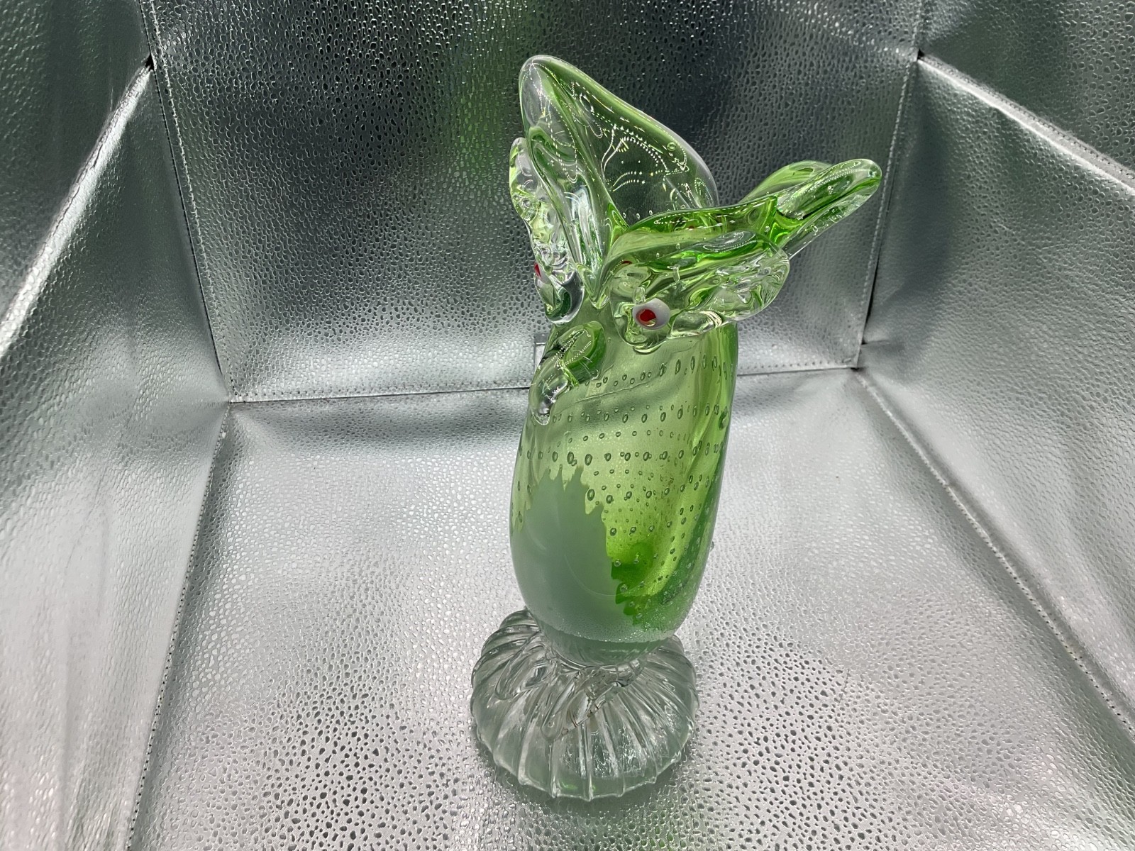 VTG Murano Art Glass Owl Sculpture Vase Light Green Controlled Bubble – 10” MINT