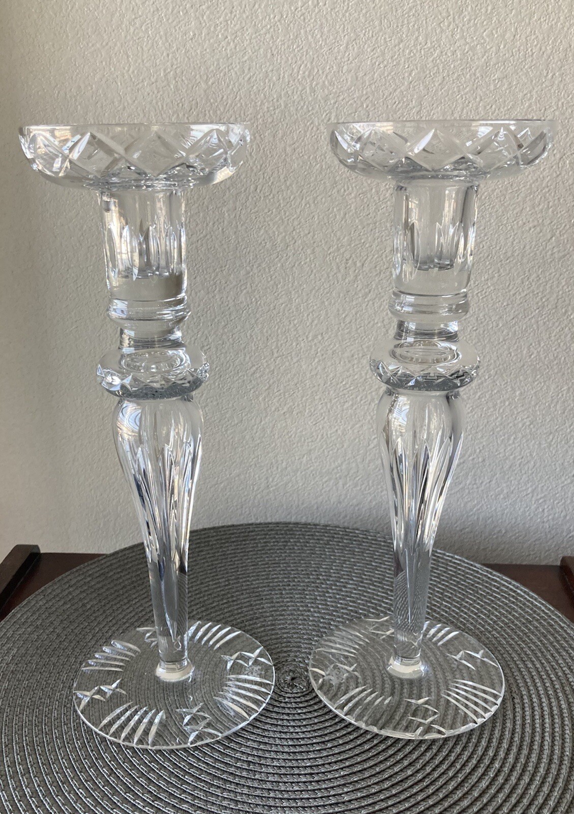 Design Guild Cut Crystal 12″ Candlestick Holders Etched Hungary Set Of 2