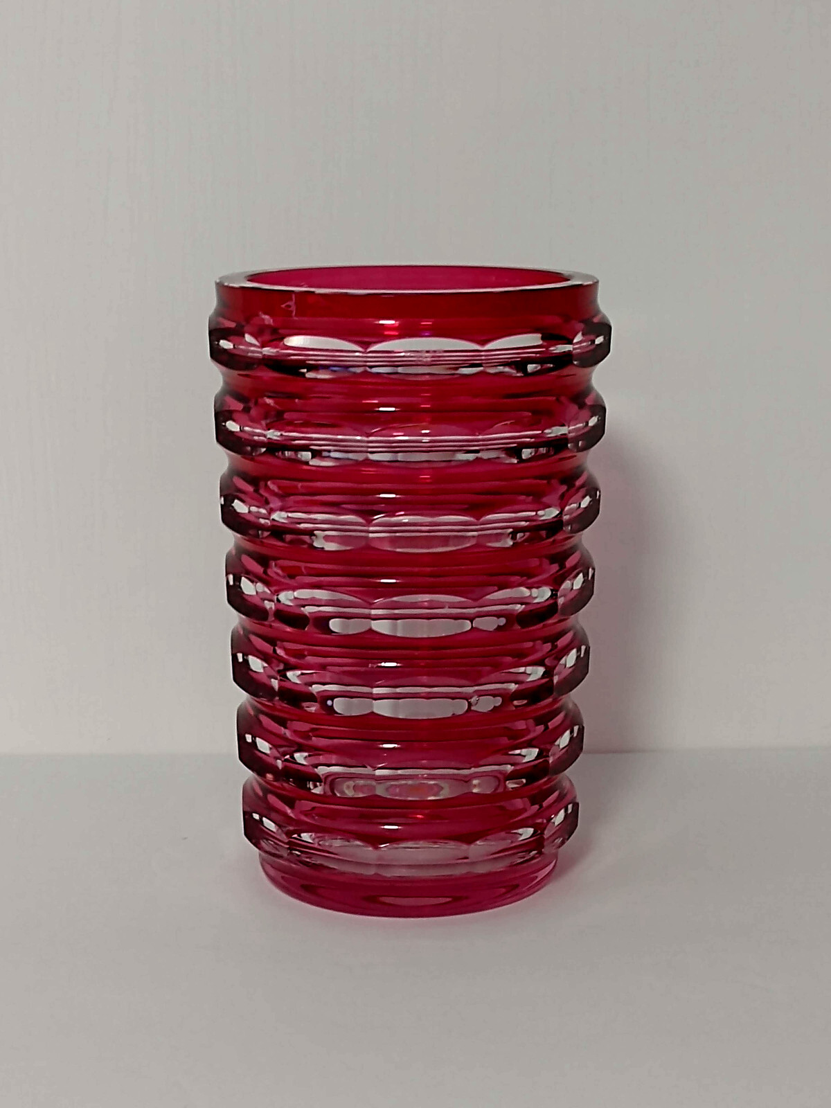Art Deco Val St. Lambert Crystal Hexagonal Vase, Cranberry Cut to Clear 6″ – EUC