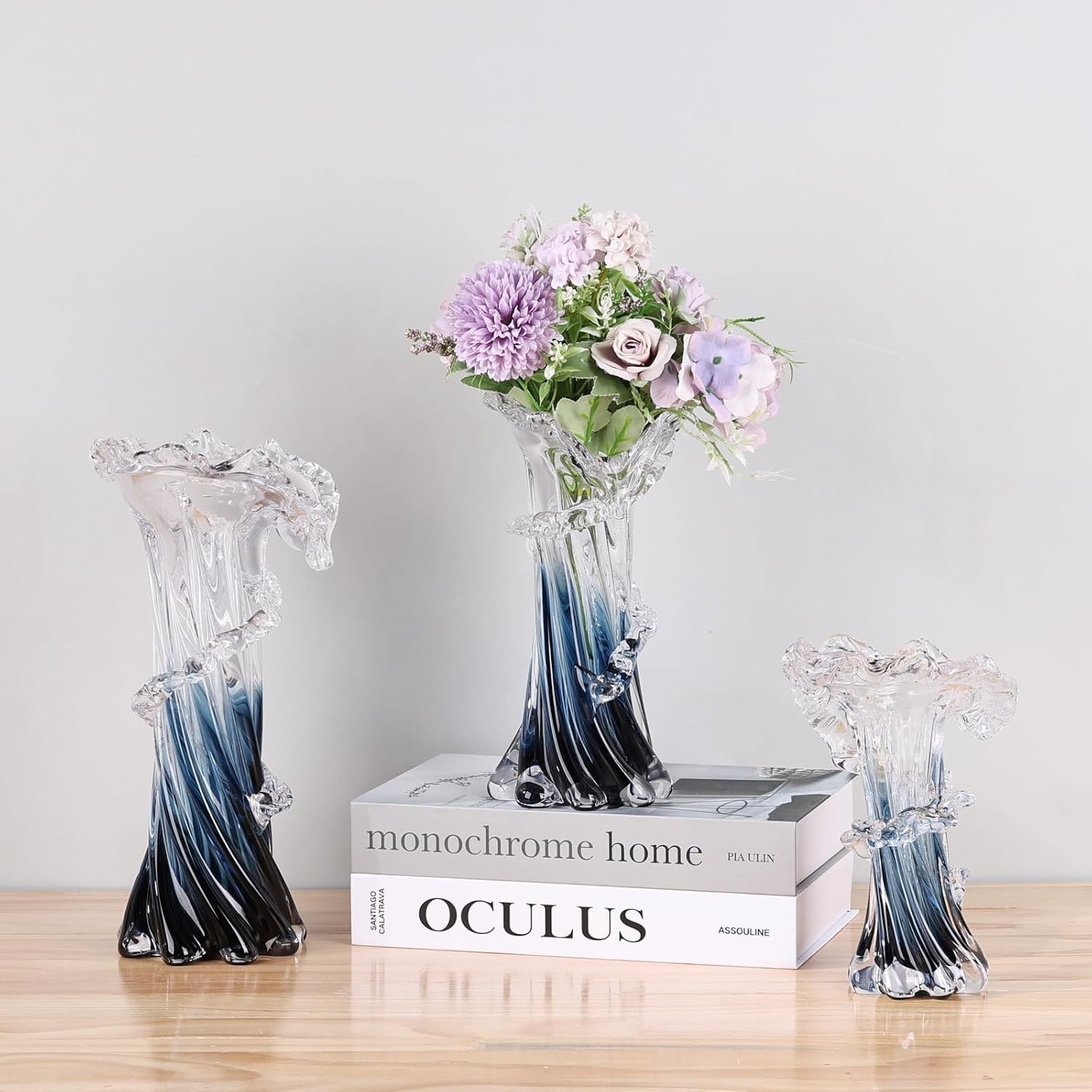 Blue White Clear Wave Vases Gradient, Murano Hand Blown Glass Vase Unique Art…