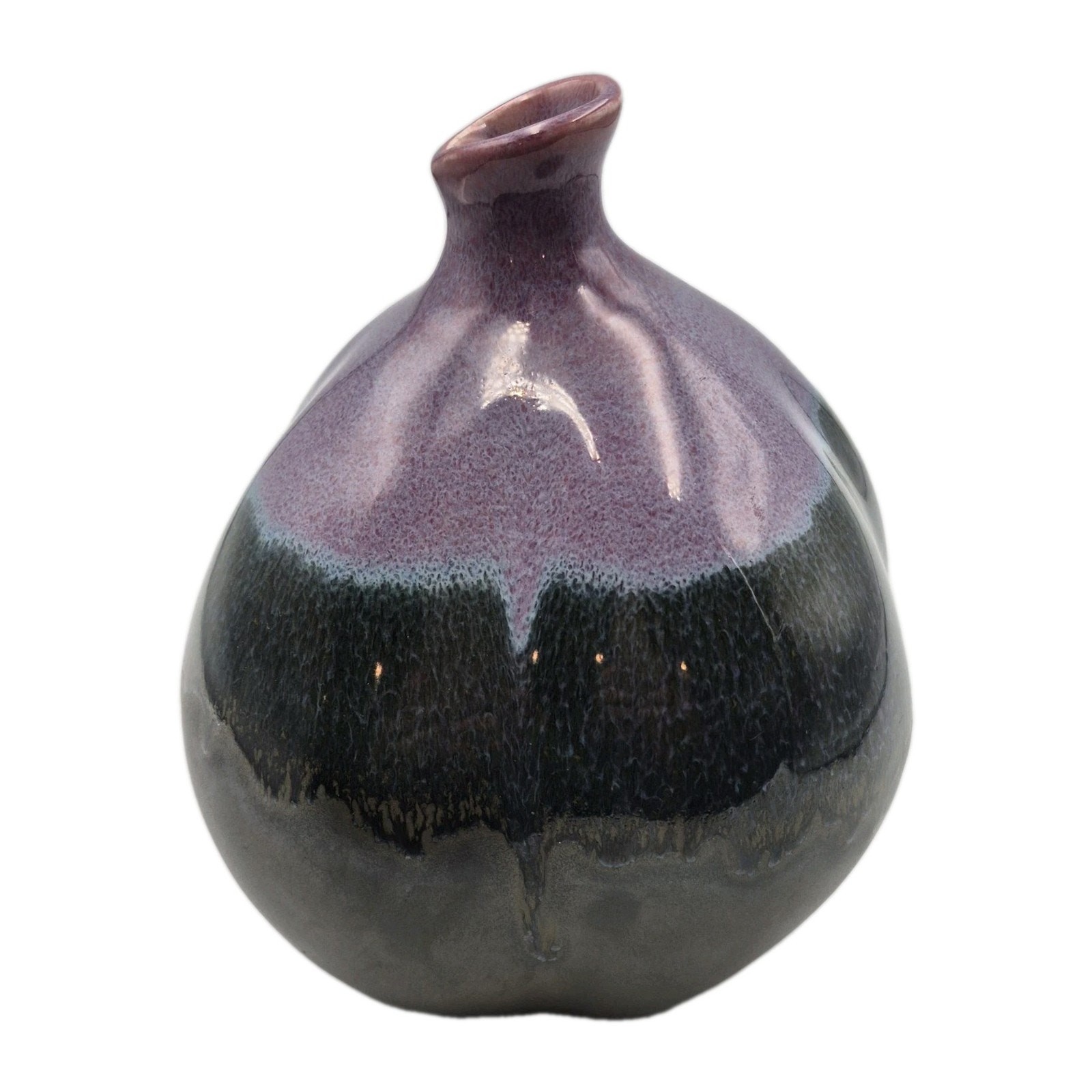 Purple Blue Black Drip Glazed Bulb Vase 7×6″