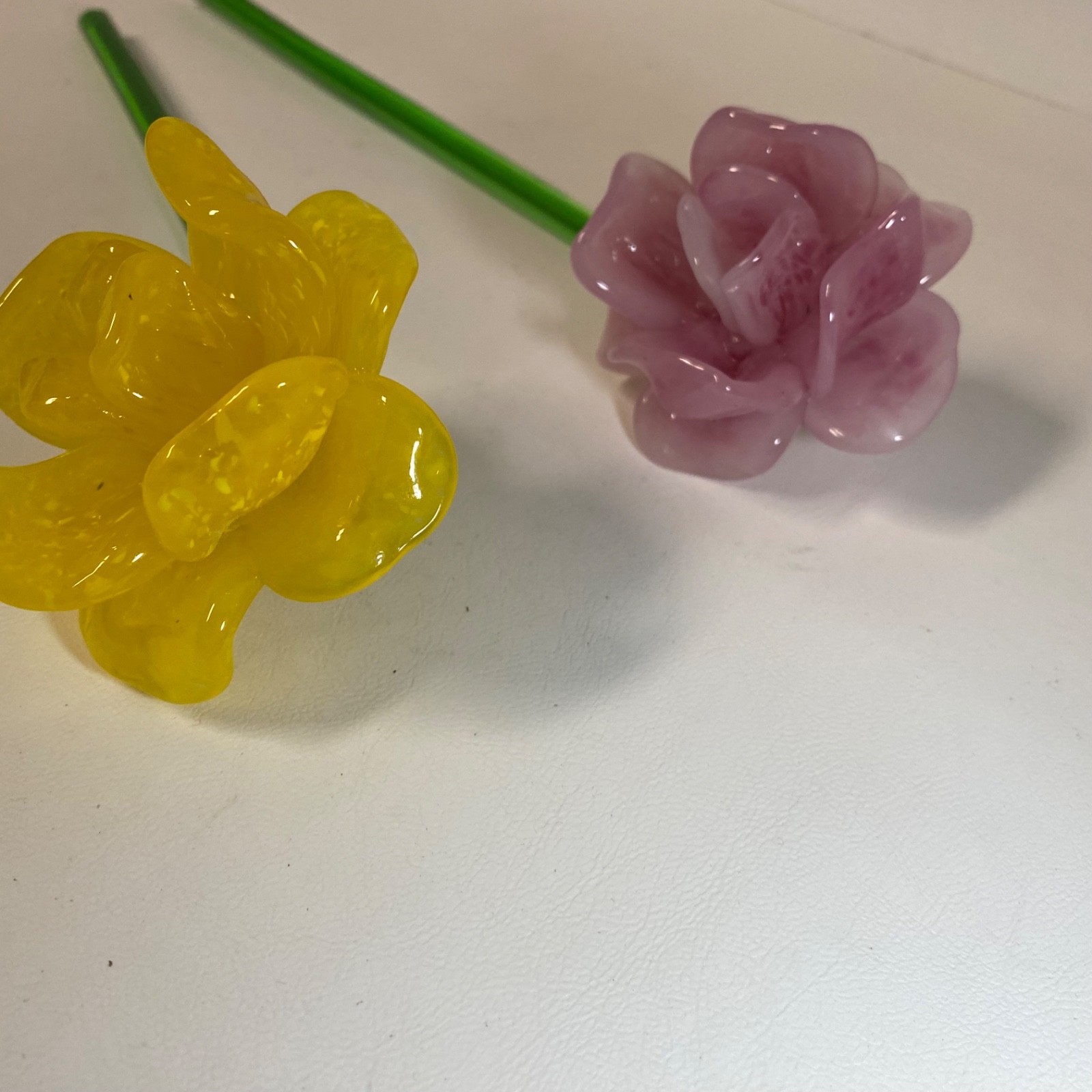 2 Art Glass Flowers • 12″ • Yellow Pink • Long Stem • Gorgeous!