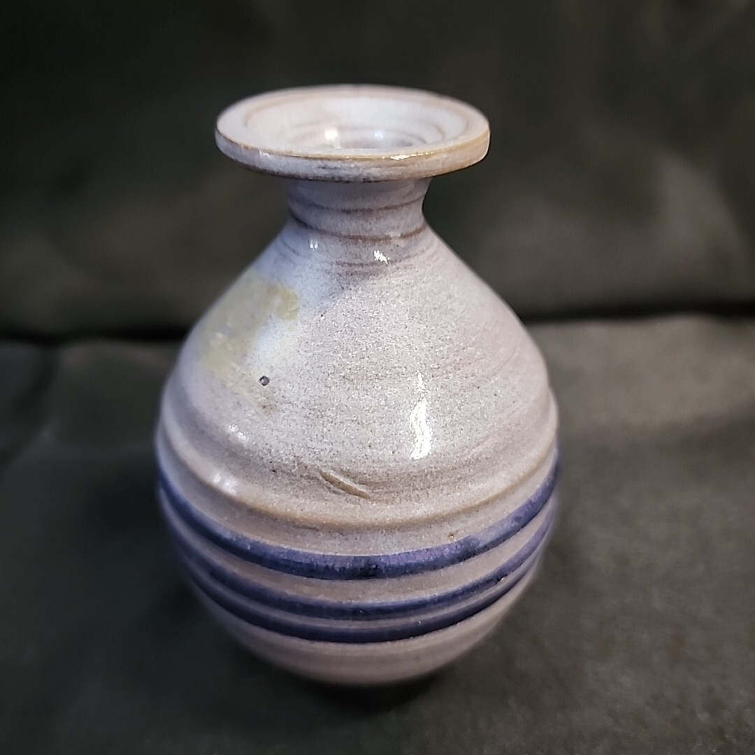 Culbreth Pottery Vase Glazed Blue Stripe 4″ Mini Signed Decorative Collectible