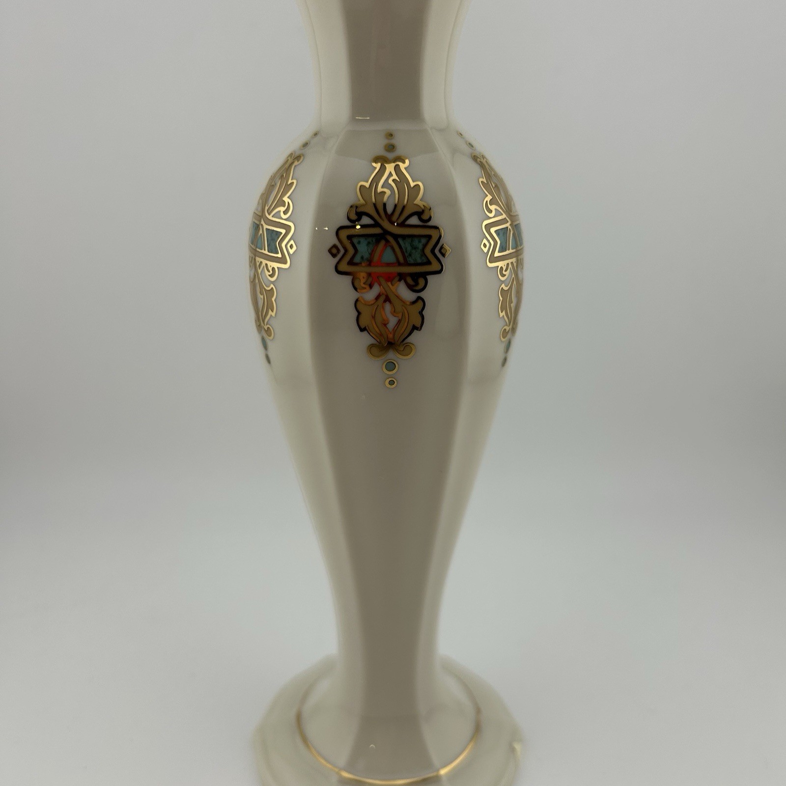 Lenox Catalan 8” Bud Vase Ivory Porcelain Gold Teal Trim Classic USA NEW W/BOX