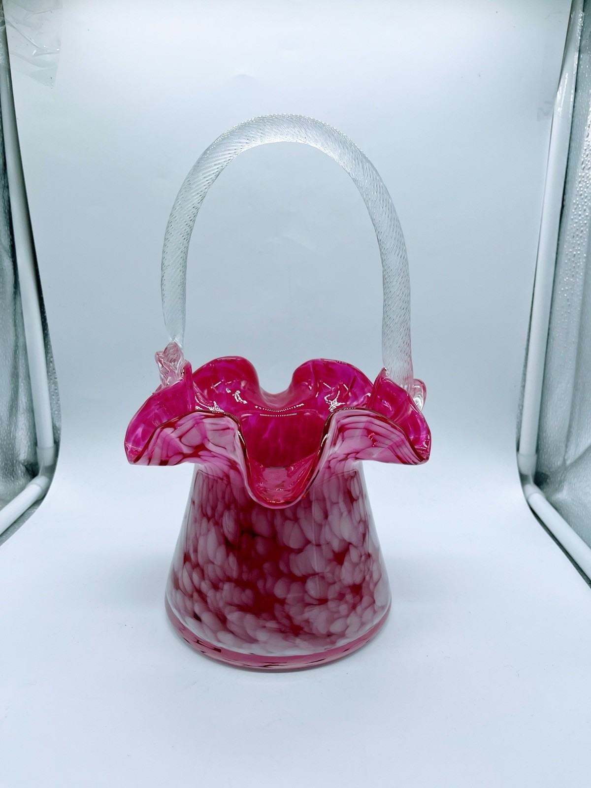 Pink Ruffled Art Glass Spotted Basket