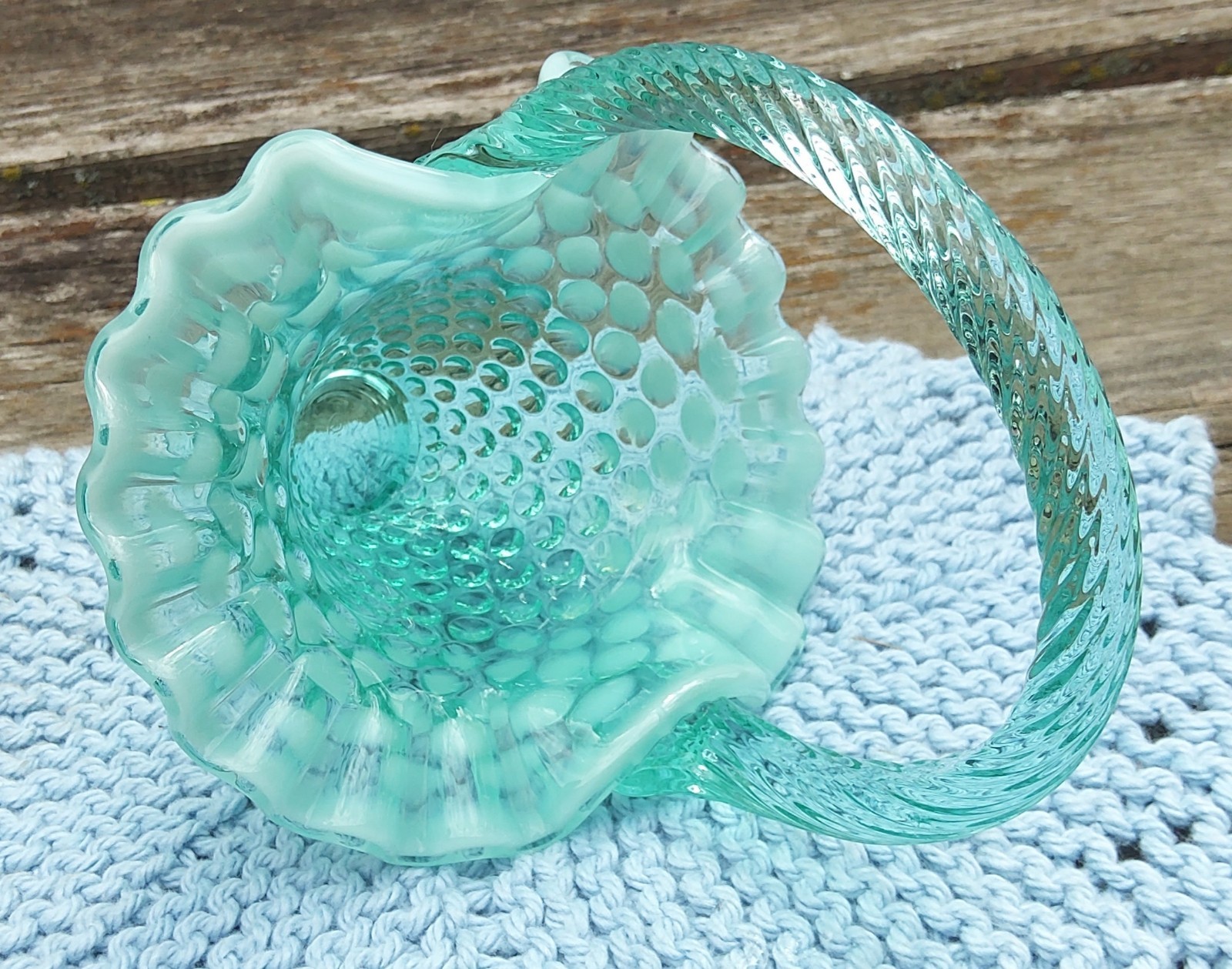 Fenton Glass Blue Opalescent Hobnail 6″ Basket Ruffled Edge Vintage