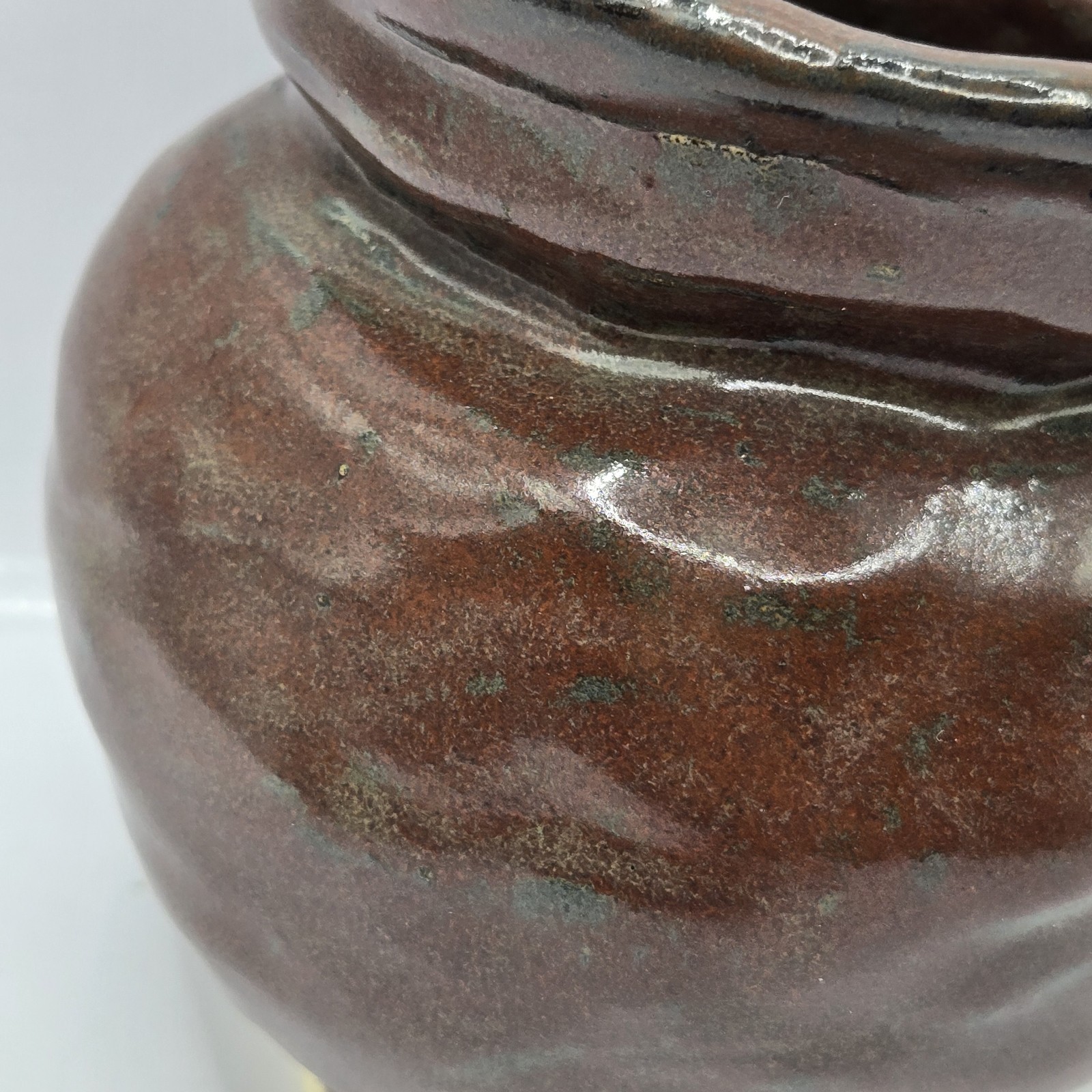 Handmade Brutalist Hand Thrown Pottery Brown Glazed Vase Signed MADDY 4.2″H 4″D
