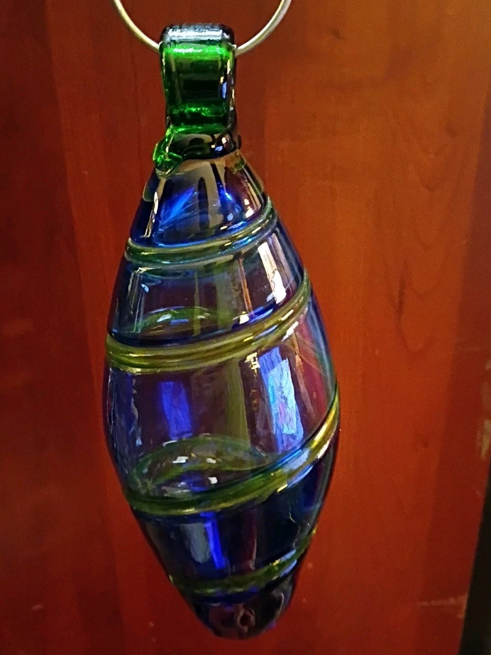 Vintage Hand-Blown Art Glass Hummingbird Feeder – Cobalt Blue & Lime Green Swirl