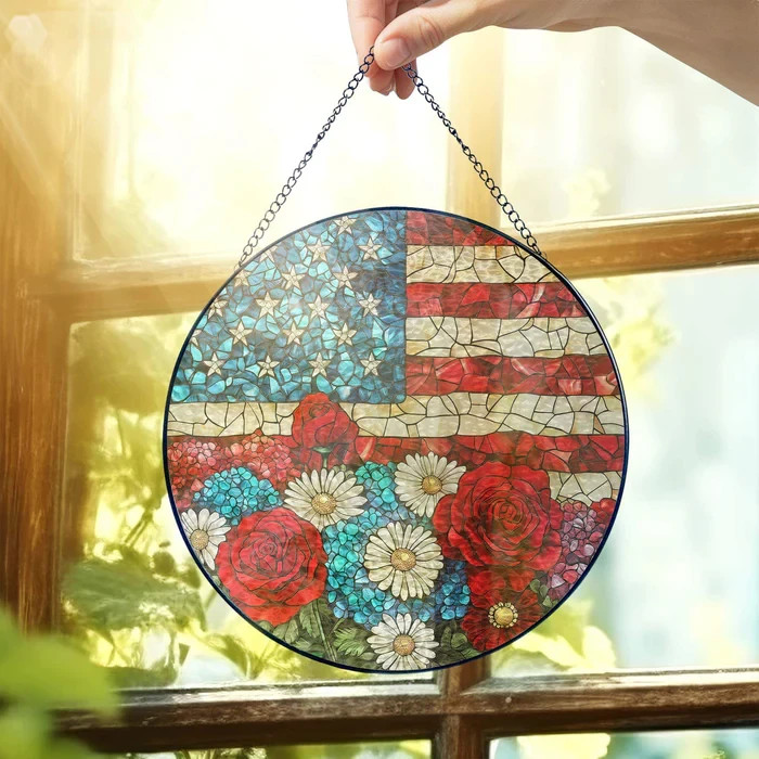 Patriotic Floral USA Flag Stained Glass Suncatcher Window Hanging Wall Art Top