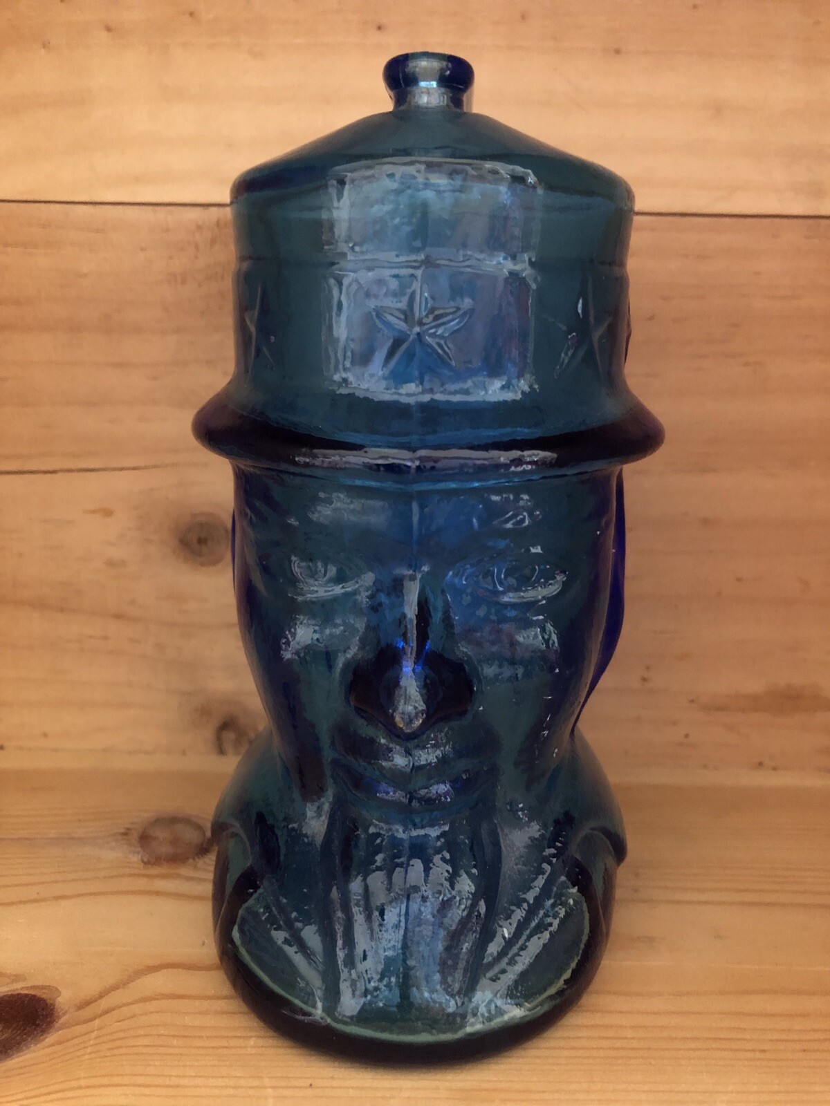 Vintage T.C. Wheaton Cobalt Blue Glass Uncle Sam Coin Bank Patriotic Mid Century