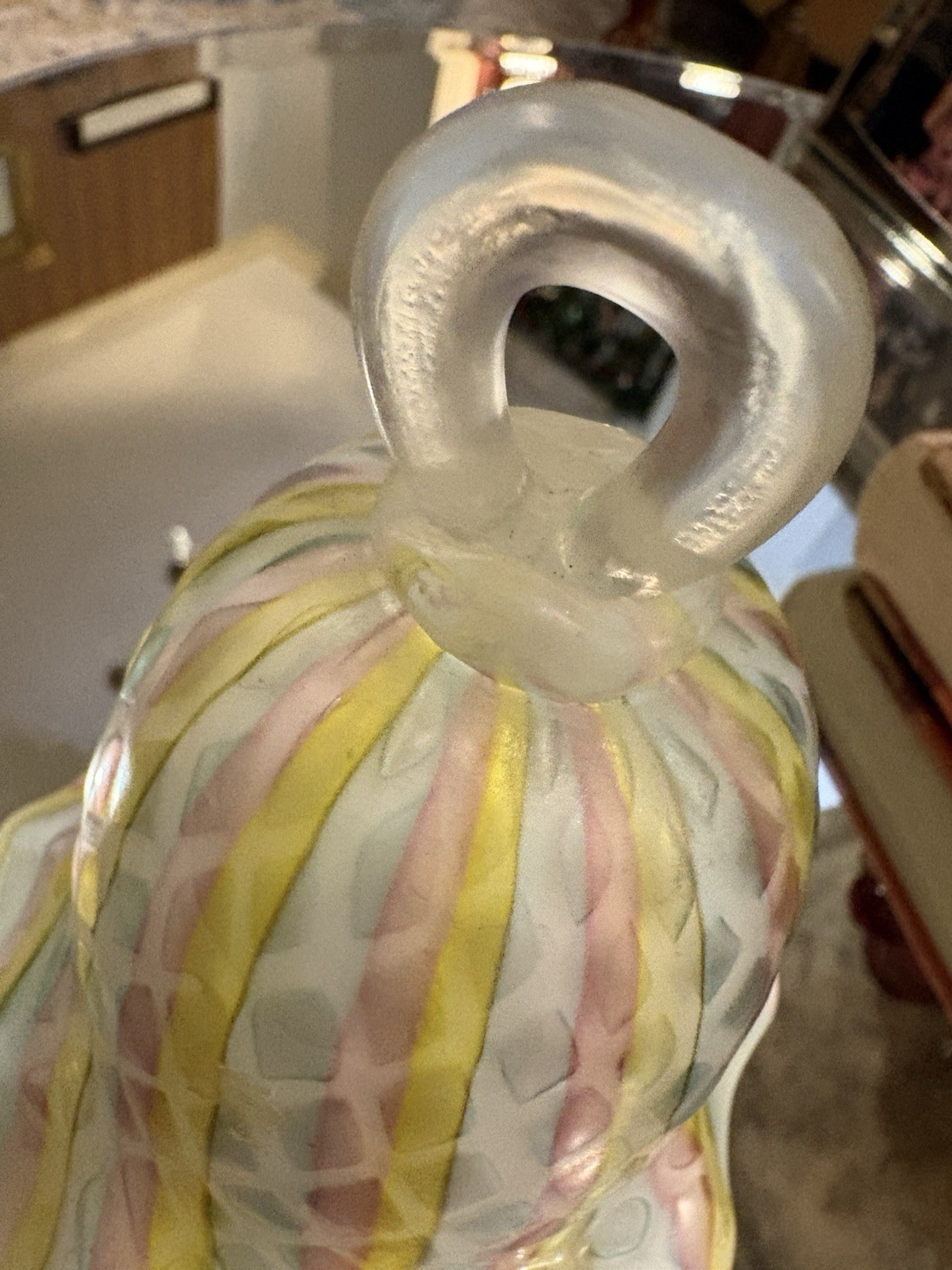 Vintage Hand Blown Italian Art Glass Bell Opaline Latticino Pink Yellow Ruffled
