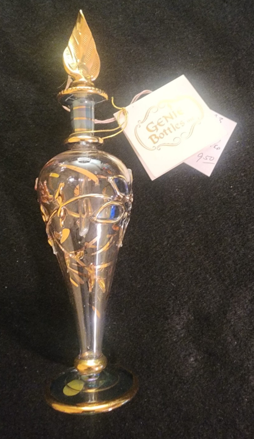 Vintage Clear Glass Genie Bottle 8″ Tall Hand Painted Gold Detail Made In Egypt
