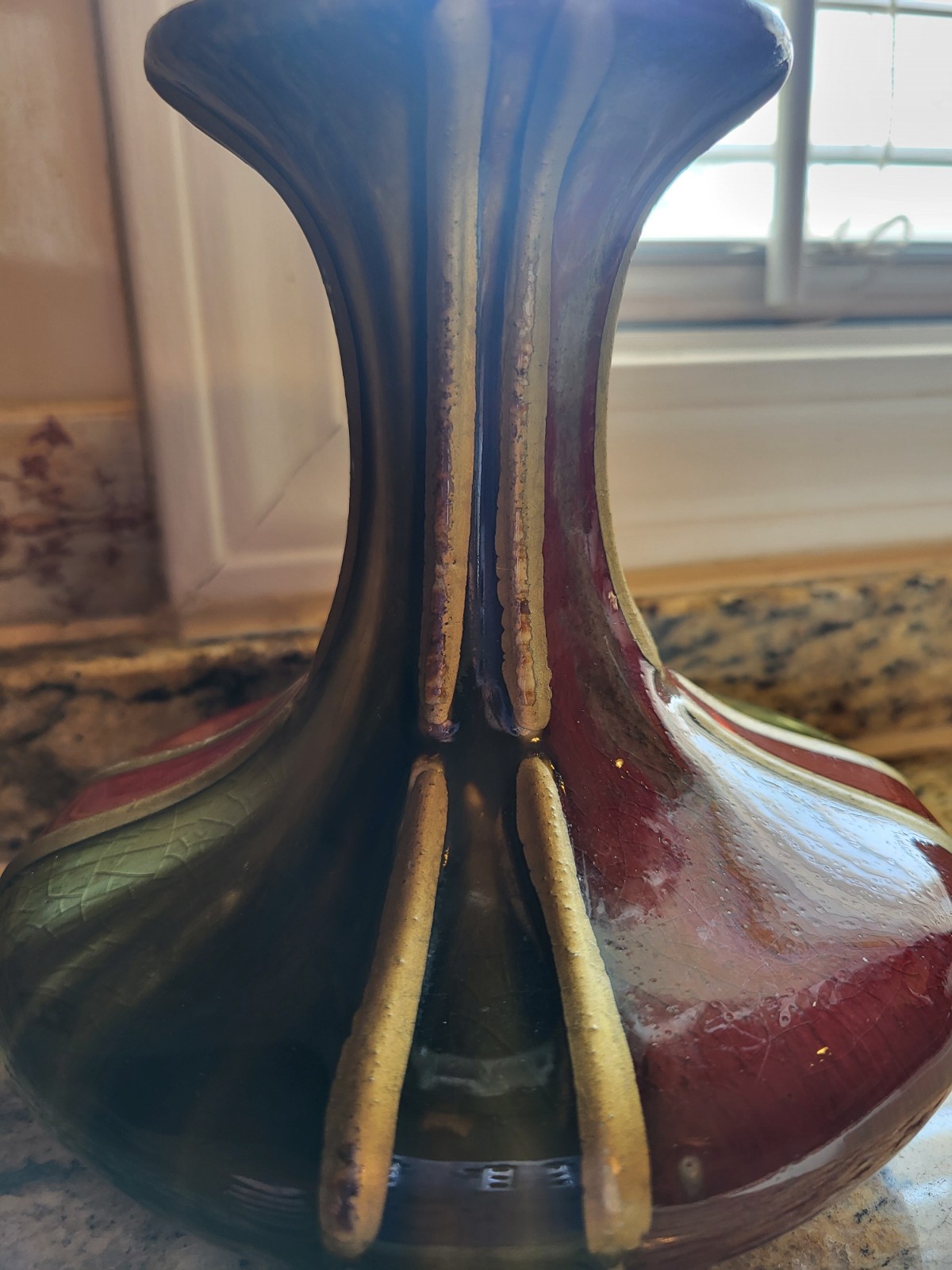 VTG Ceramic Pottery Red Black Green With Gold Stripes 6.25 X 6.25 Vase