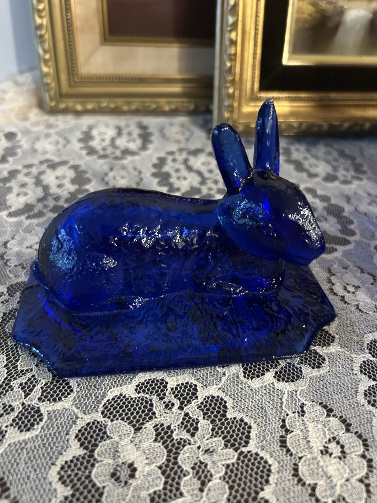 Vintage Indiana Glass Cobalt Blue Bunny On Nest Covered Dish Easter Cottagecore