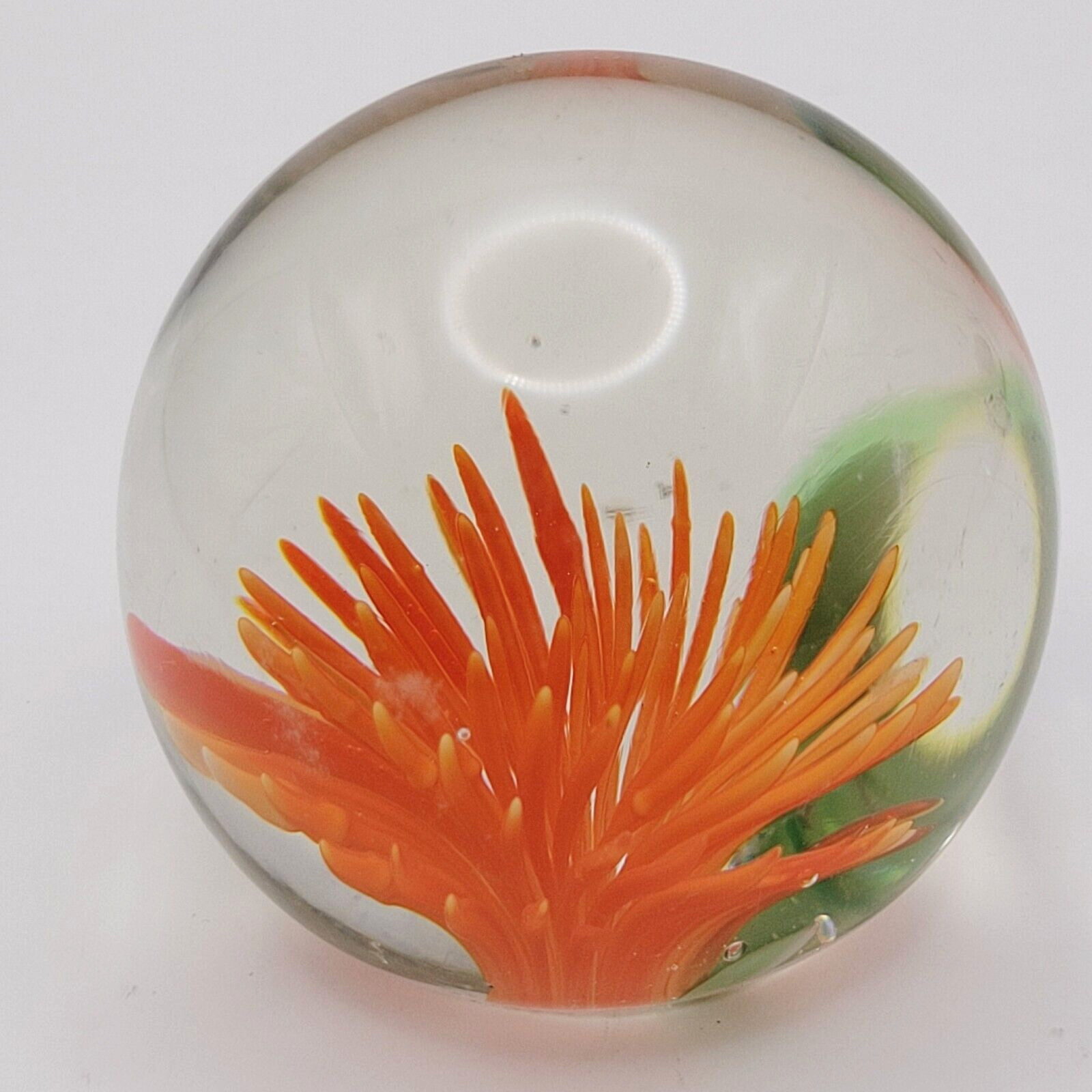 Dahlia or Zinnia Flower Orange Pointed Petal Small Clear Art Glass Paperweight