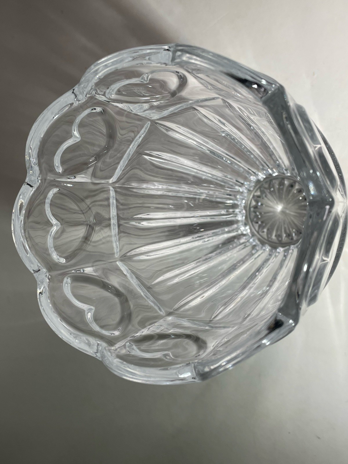 Vintage Heavy Ribbed Cut Crystal Vase Clear 7-3/8” Hearts Pattern Scalloped Rim