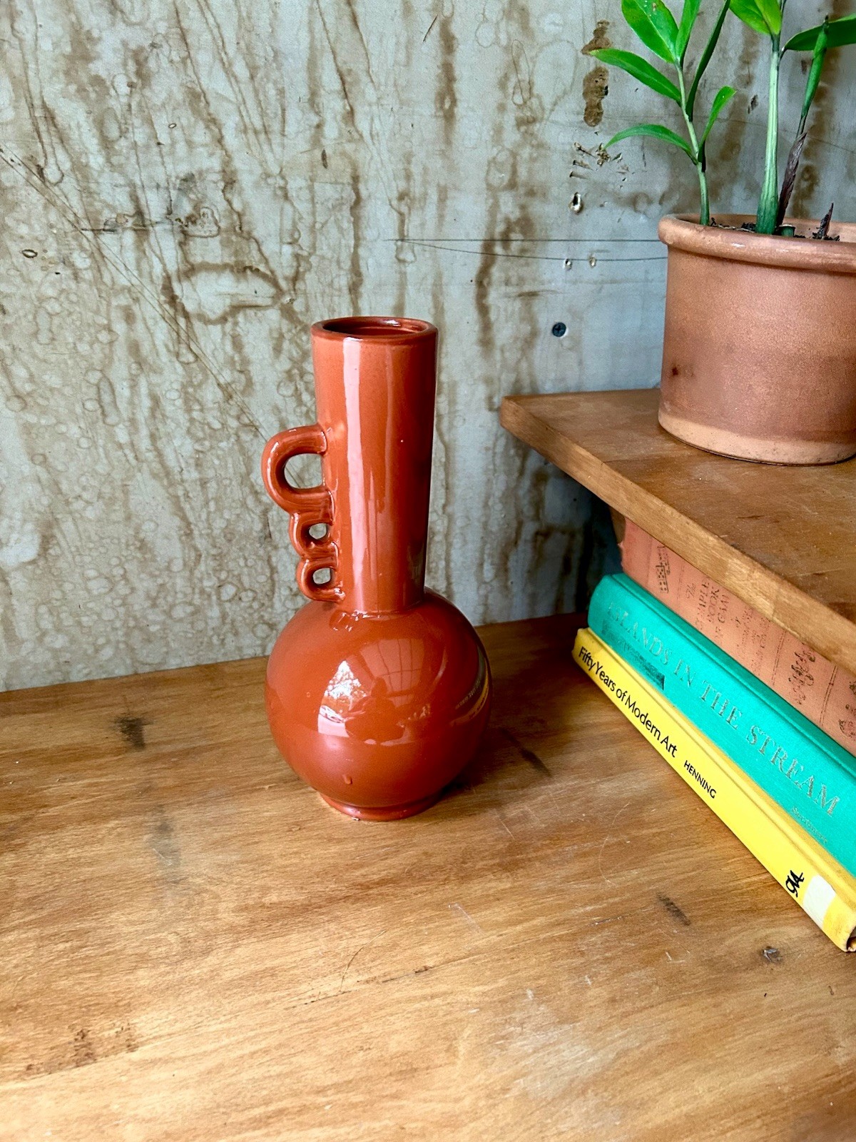 Vintage MCM Orange Pottery Vase With Handle. Possibly 1940s Nancy China
