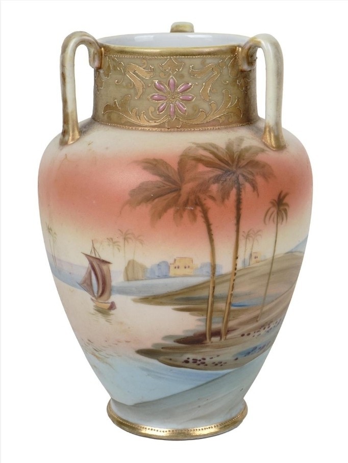ANTIQUE NIPPON PORCELAIN Amphora VASE WITH 3 HANDLES HARBOR