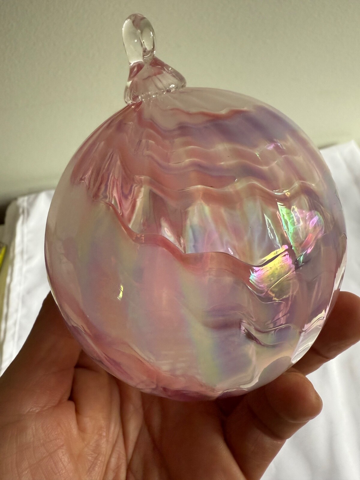 Hand Blown Art Glass Ball approx. 4” Suncatcher Pink Swirl ornament