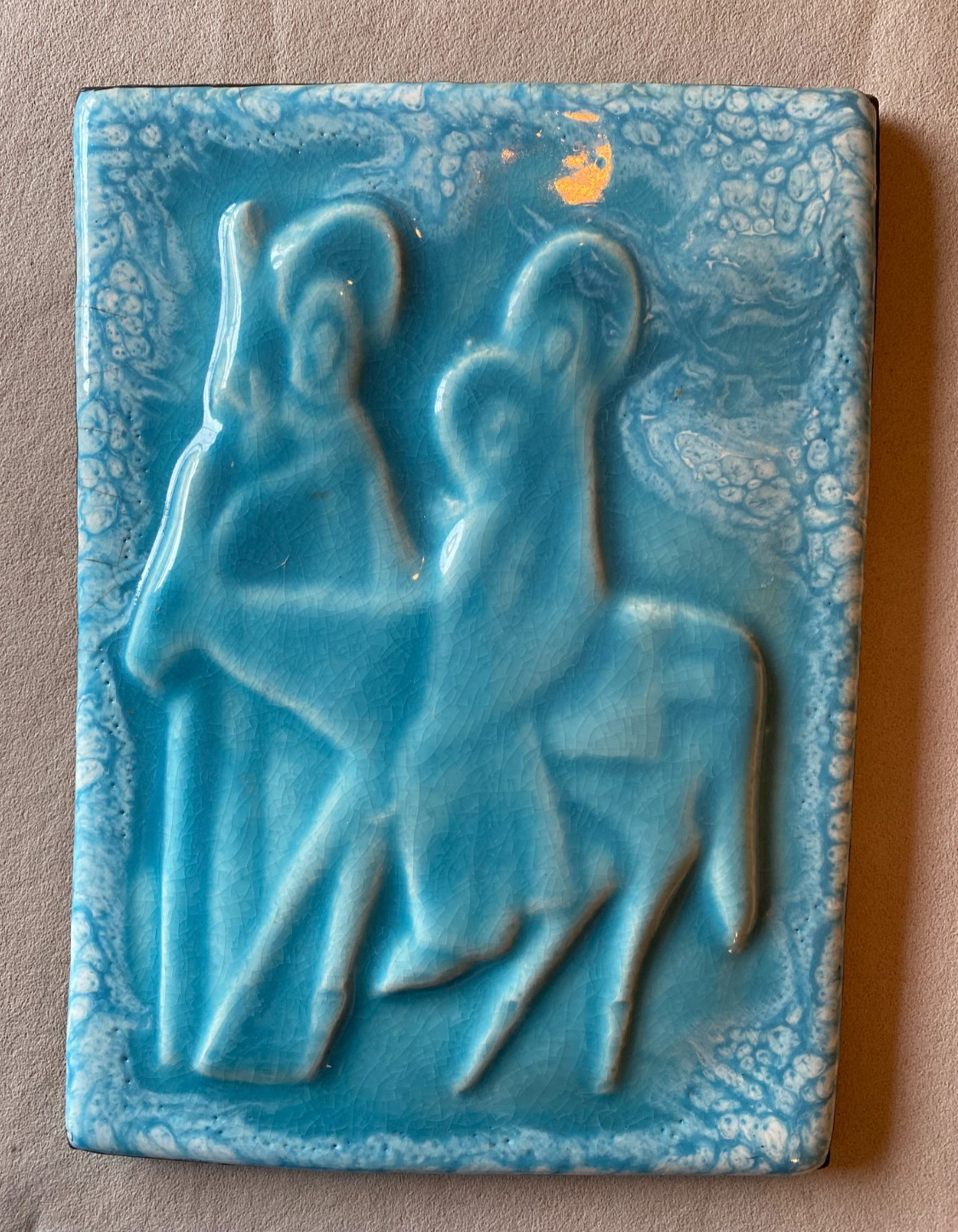 Vtg ceramic bas relief wall tile The Nativity. Blue Glaze artist signed 6×8.5″