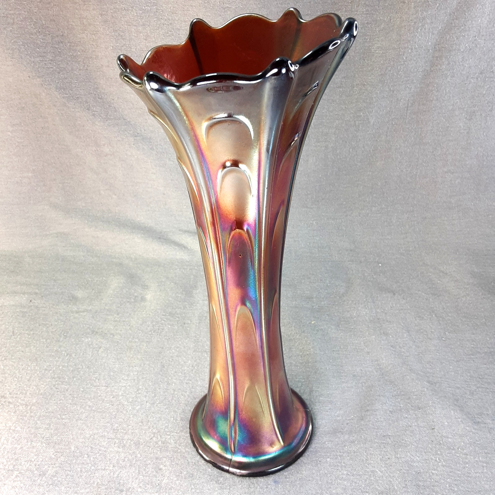 Vintage Dugan Amethyst Carnival Glass Swung Vase | Pulled Loop Pattern- 11” Tall