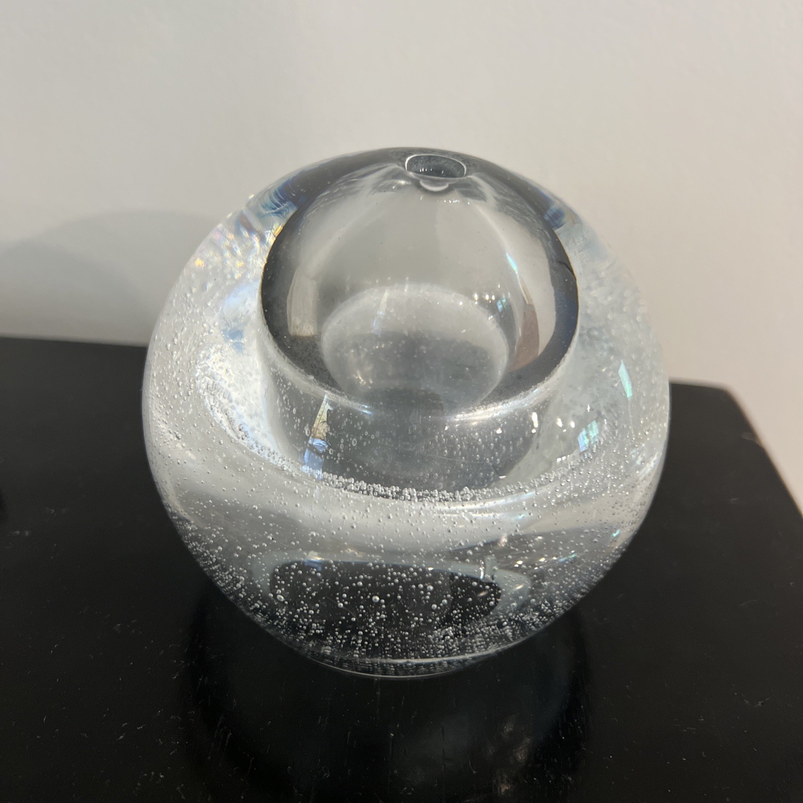 Clear Hand Blown Art Glass Paperweight Controlled Bubble Poland Heavy