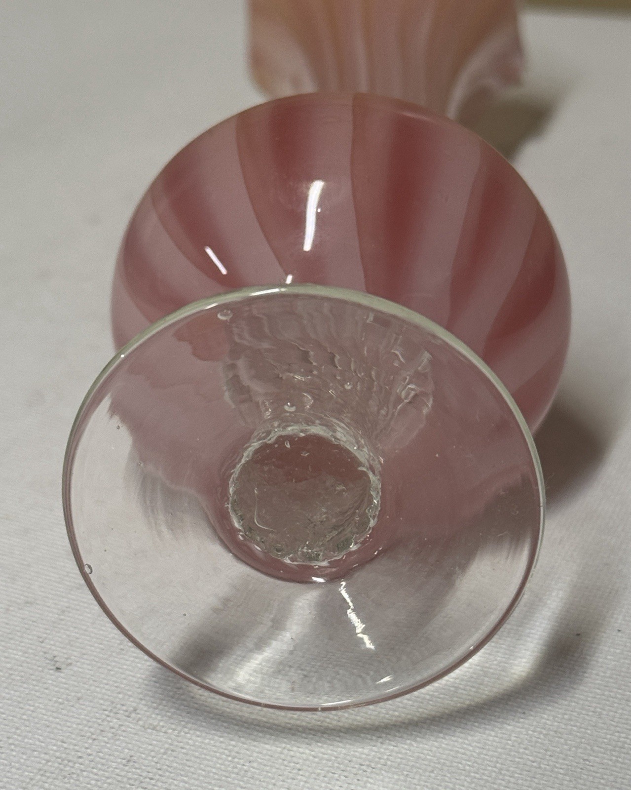 Pink and White Striped Glass handblown bud vase clear applied twisted stem 8.5”