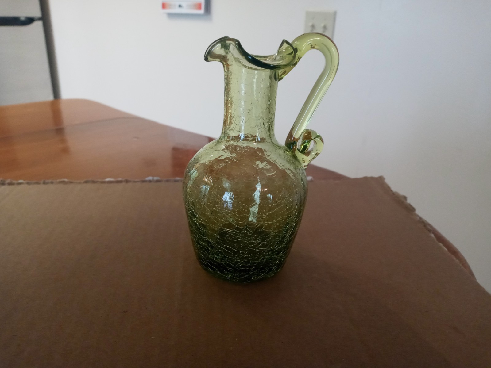 Vintage Olive Green Crackle Art Glass Handle 5” Mini Pitcher GUC