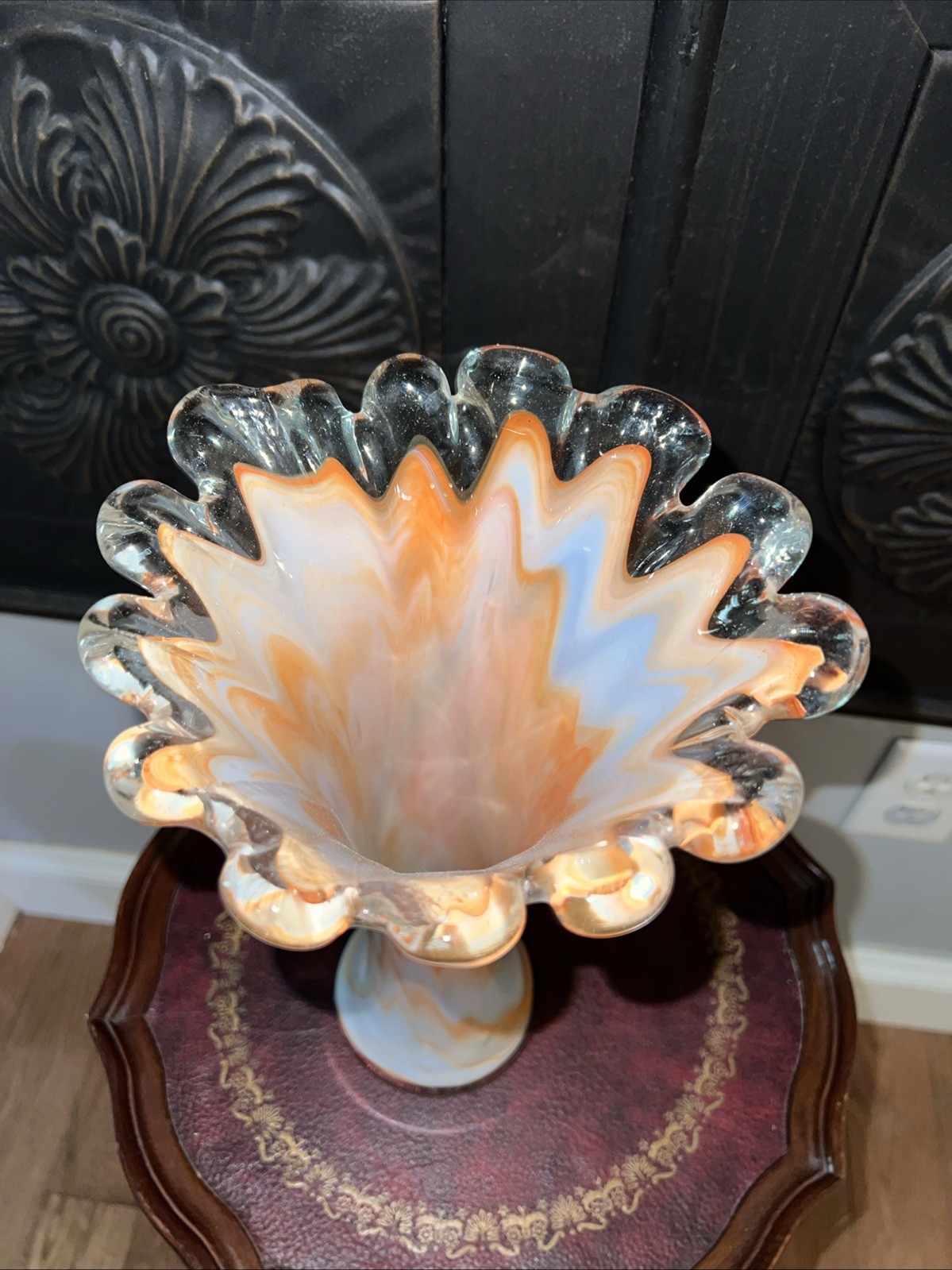 Beautiful MCM Orange And White Scalloped Top Glass Vase 11”