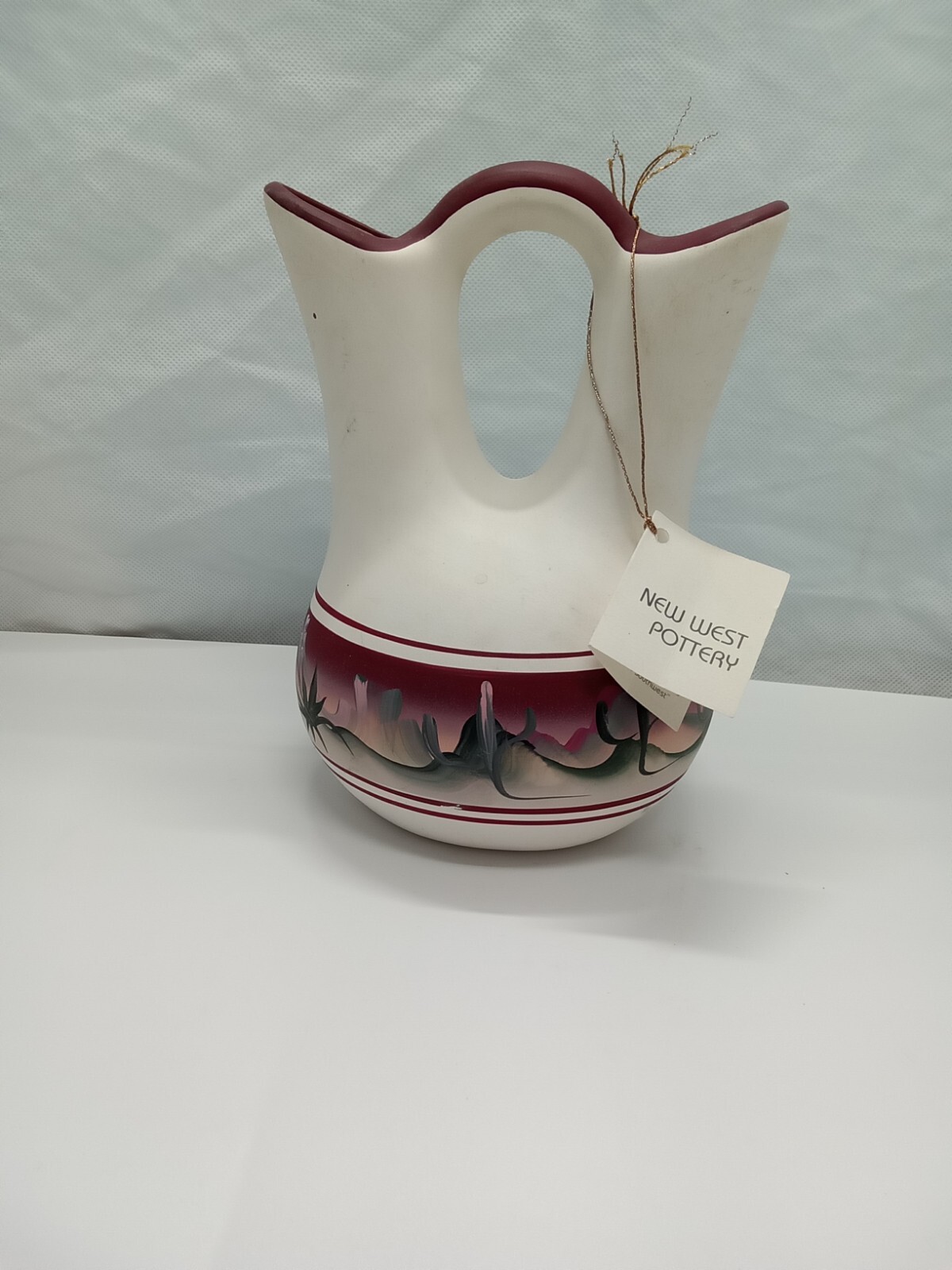 New West Pottery Wedding Vase Hand Painted Maroon Desert Cactus Signed Numbered