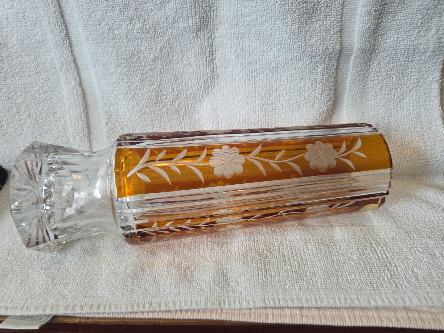 1960’s Huta Szkła Julia Yellow Amber Cut to Clear Crystal Vase Made in Poland