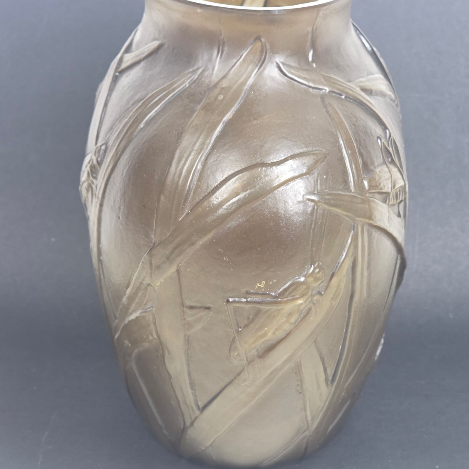 Vintage Phoenix Consolidated Glass Katydid Vase Reuben Haley Brown Sepia