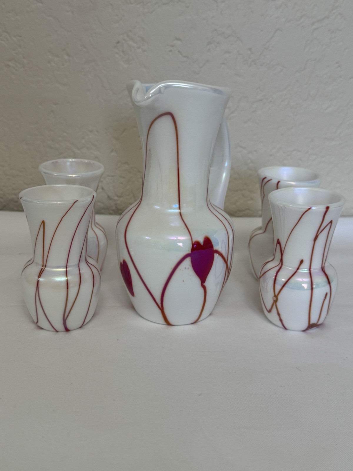 Gibson Glass Hanging Hearts CCGA Souvenir Iridized Mini Pitcher Set 1995