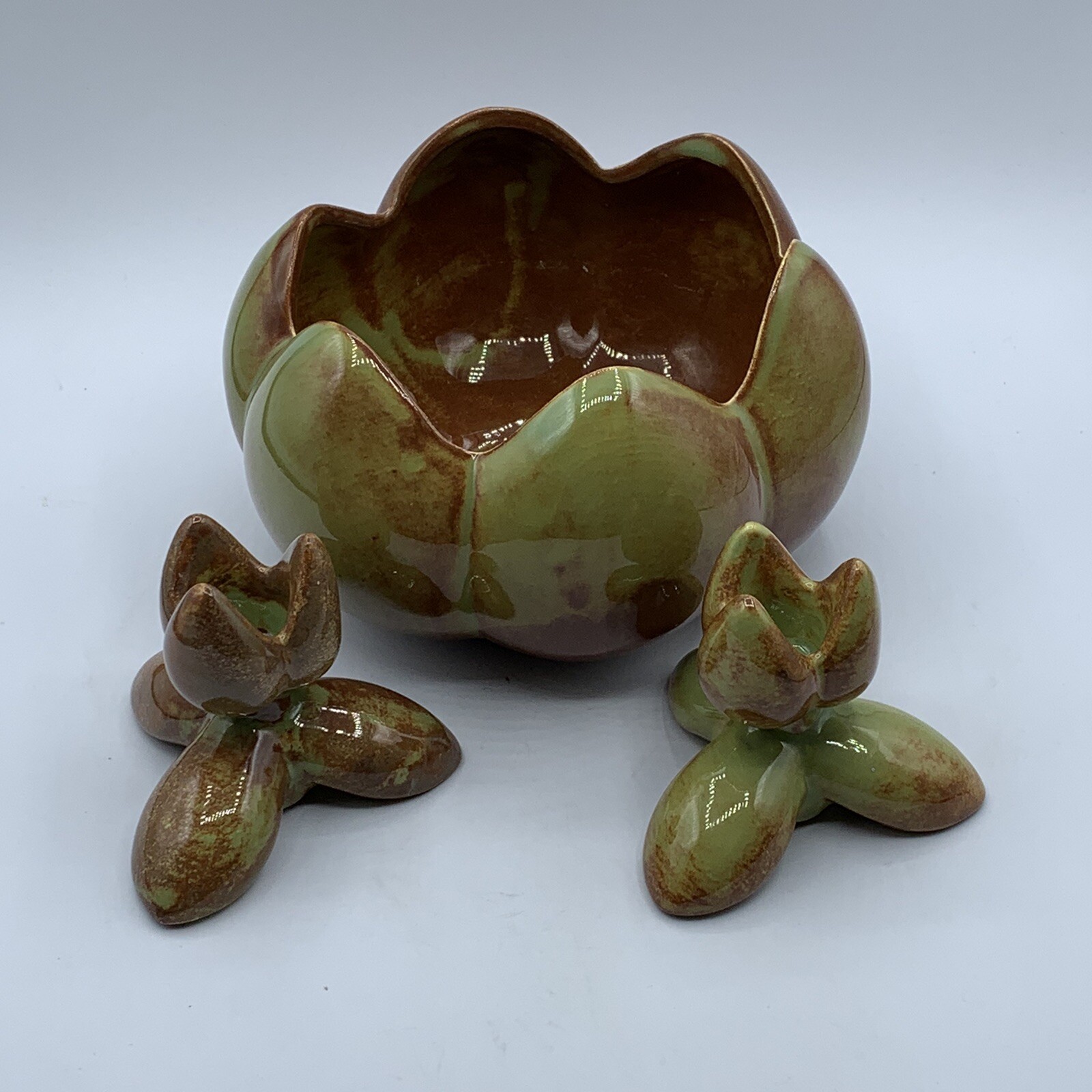 Console Bowl And Two Candle Stick Holders Handmade Ceramic Pottery Set