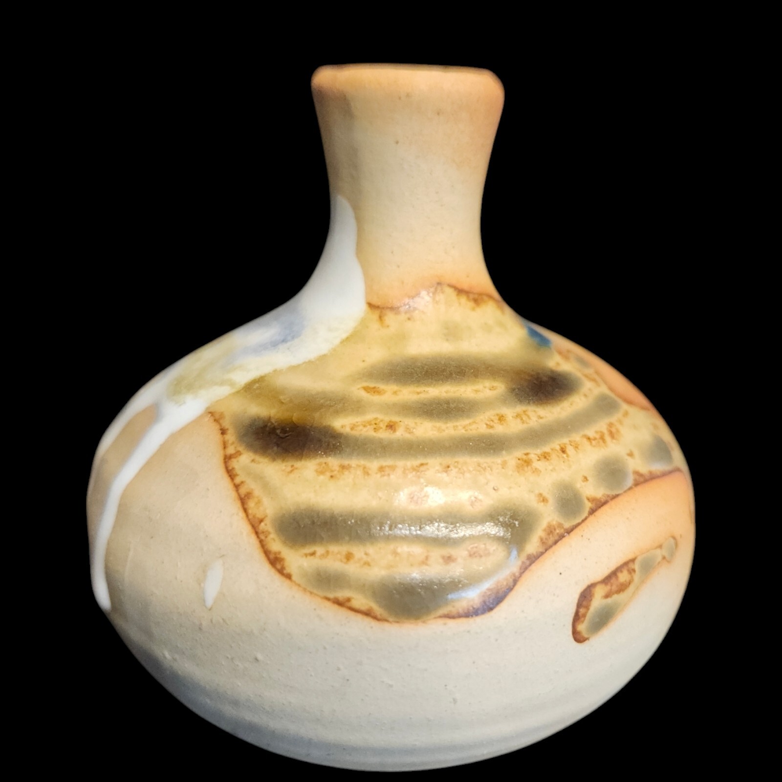Studio Art Pottery Vase Drip Glaze 3.5″ Blue White Rust Tan Bud Rustic Vessel