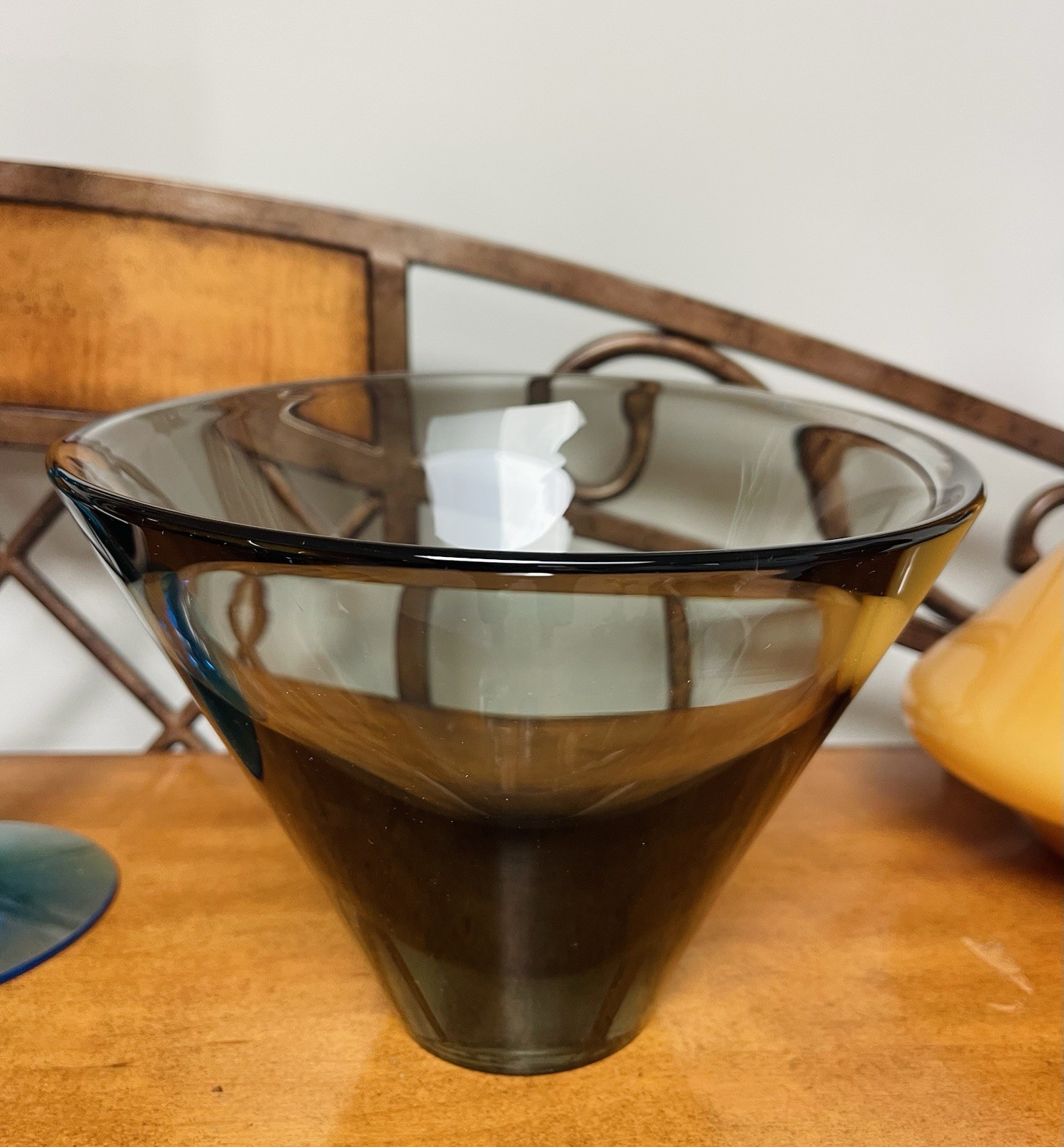 Vintage Holmegaard Glass Per Lutken Slanted Top Bowl Smoke Color Signed