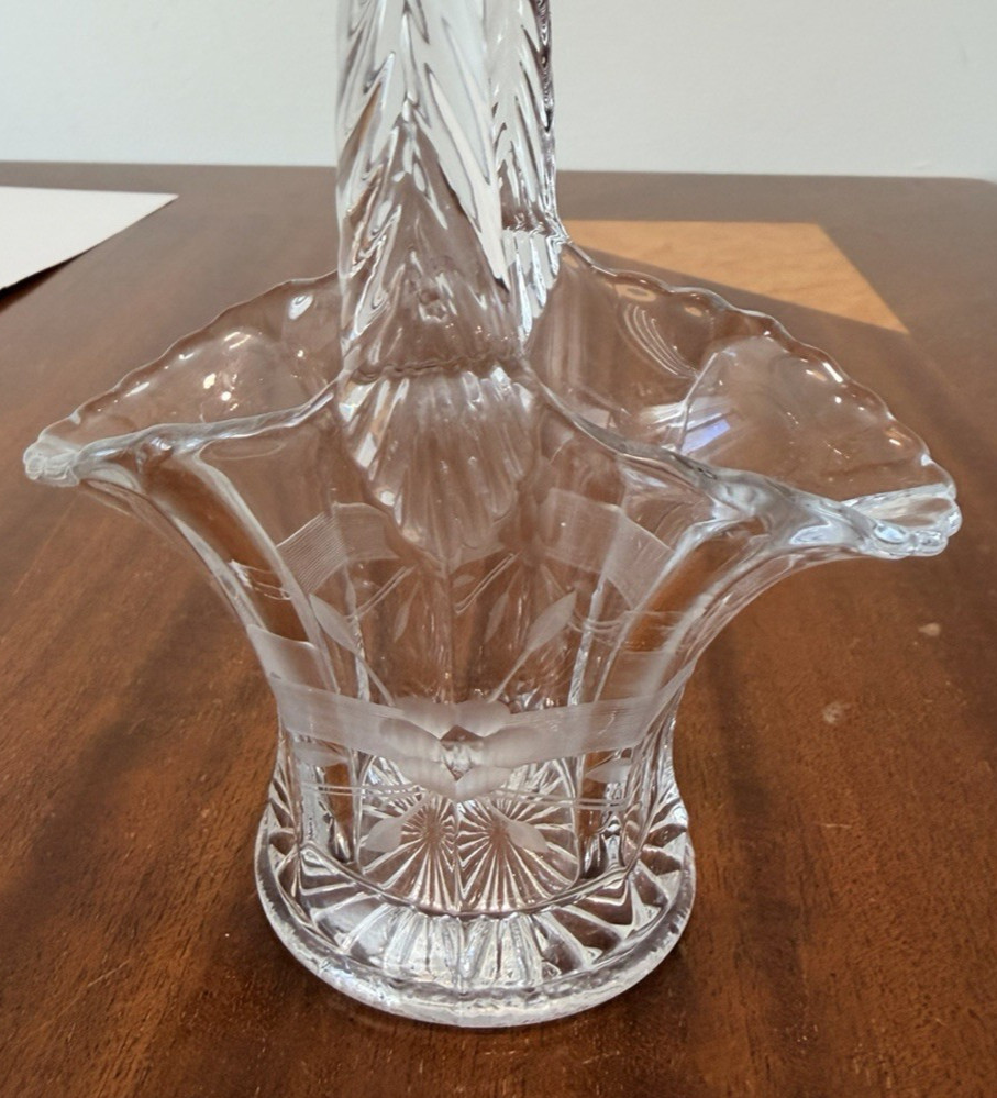 Vintage Cut Crystal Glass Basket Twisted Handle Etched Flowers Sunburst Base