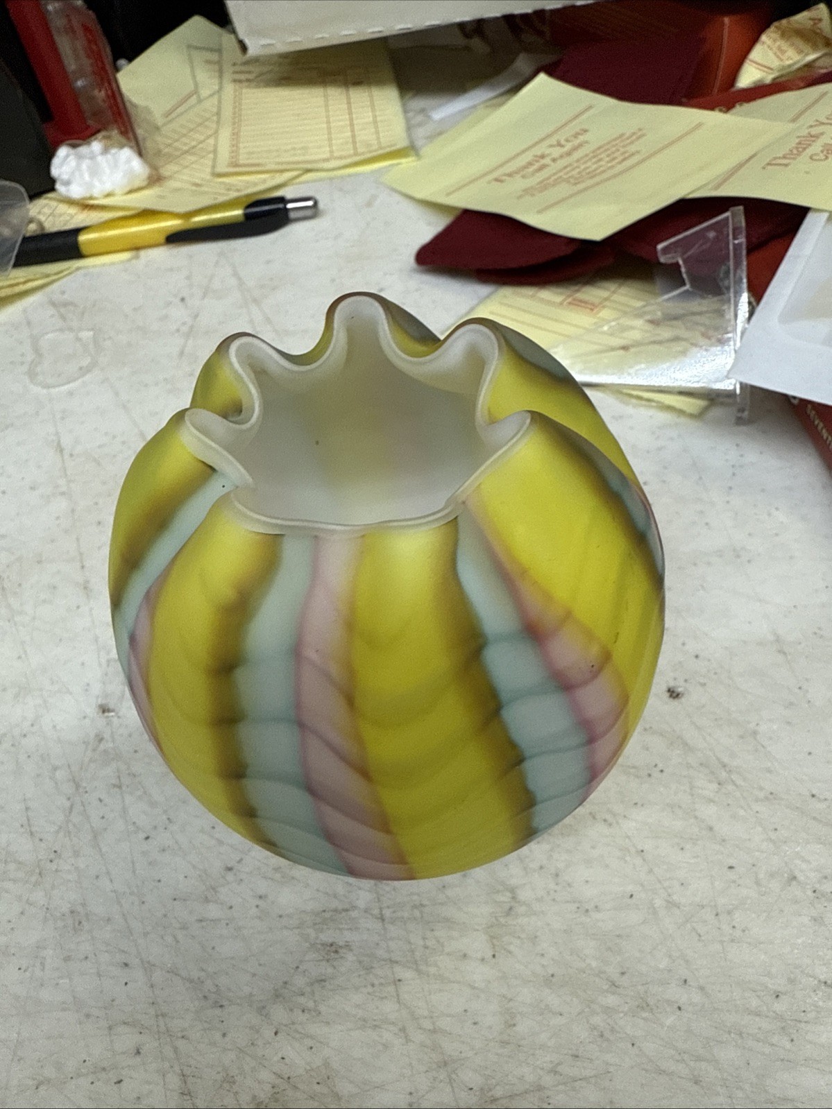 Satin glass Herringbone Rose Bowl 3.25 inches tall; pink, yellow, blue