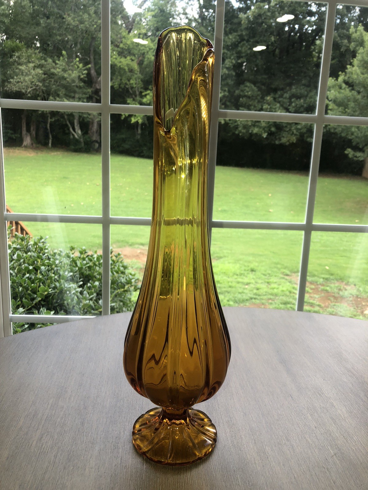 Vintage Mid Century Modern LE Smith Art Glass Petal Amber Swung Vase 17” Retro