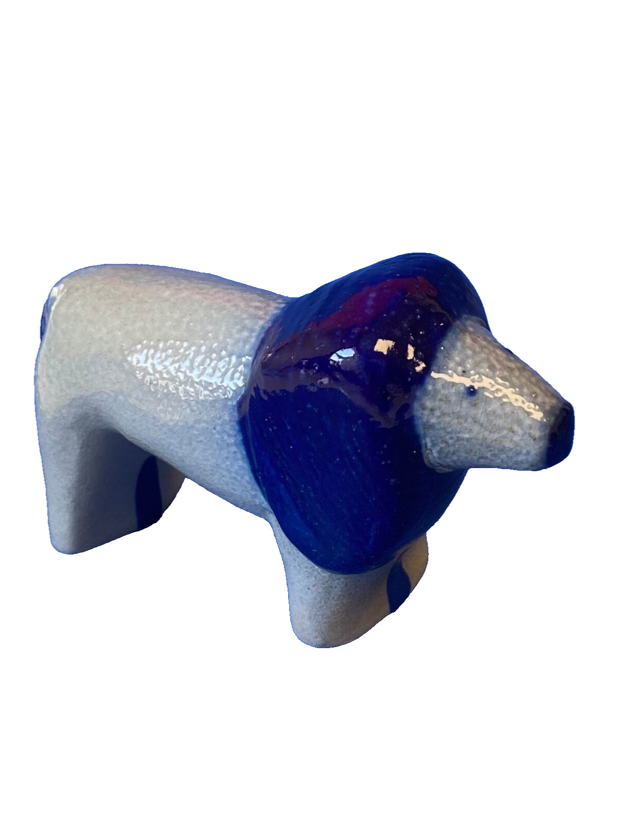 Blue Salt Glazed LION Art Pottery Small Figure Vintage Folk Art Style 3.25”L