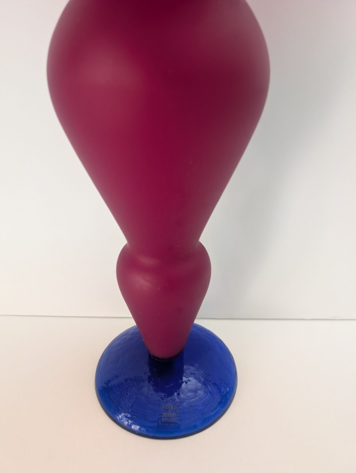 Vetro di Murano LARGE Vase in Red Satin Glass with Cobalt Blue Base 15.75″ Tall