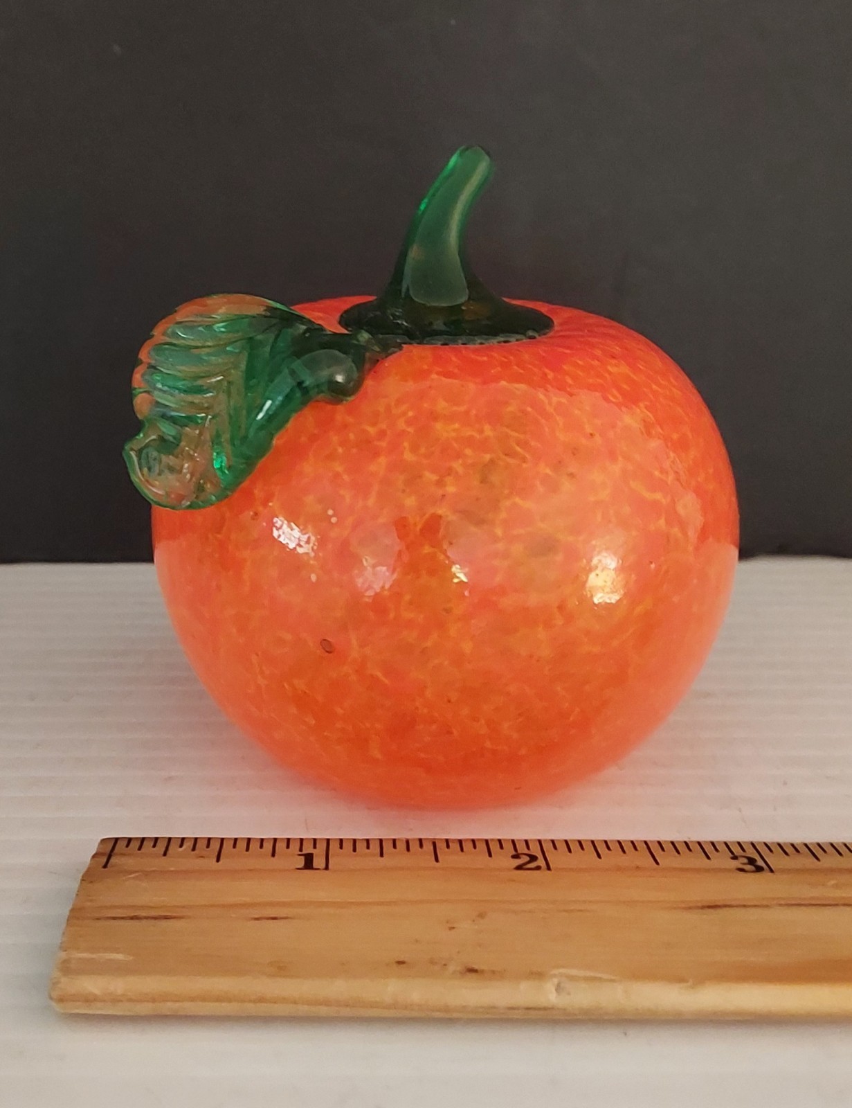 Glass Orange Fruit Hand Blown Art Glass Paperweight Green Stem Vintage