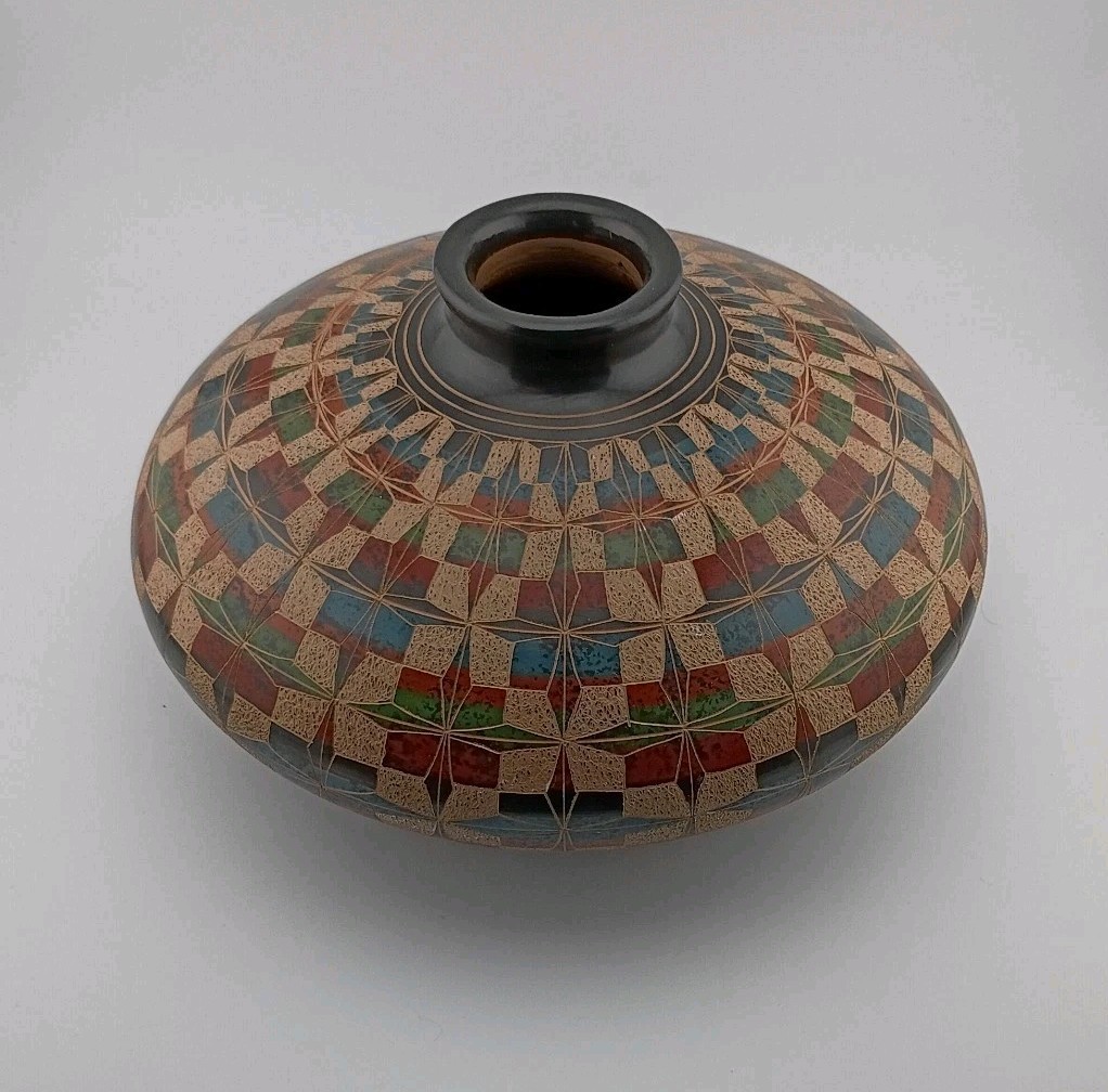 MULTI COLORED ETCHED GLAZED POTTERY VASE Brown Blue Green Red Geometric VTG