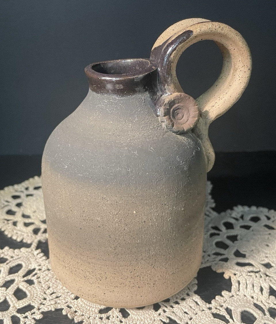 Vtg Hand Thrown Stoneware Jug Drip Glaze Finish Studio Pottery 5” Signed & Dated