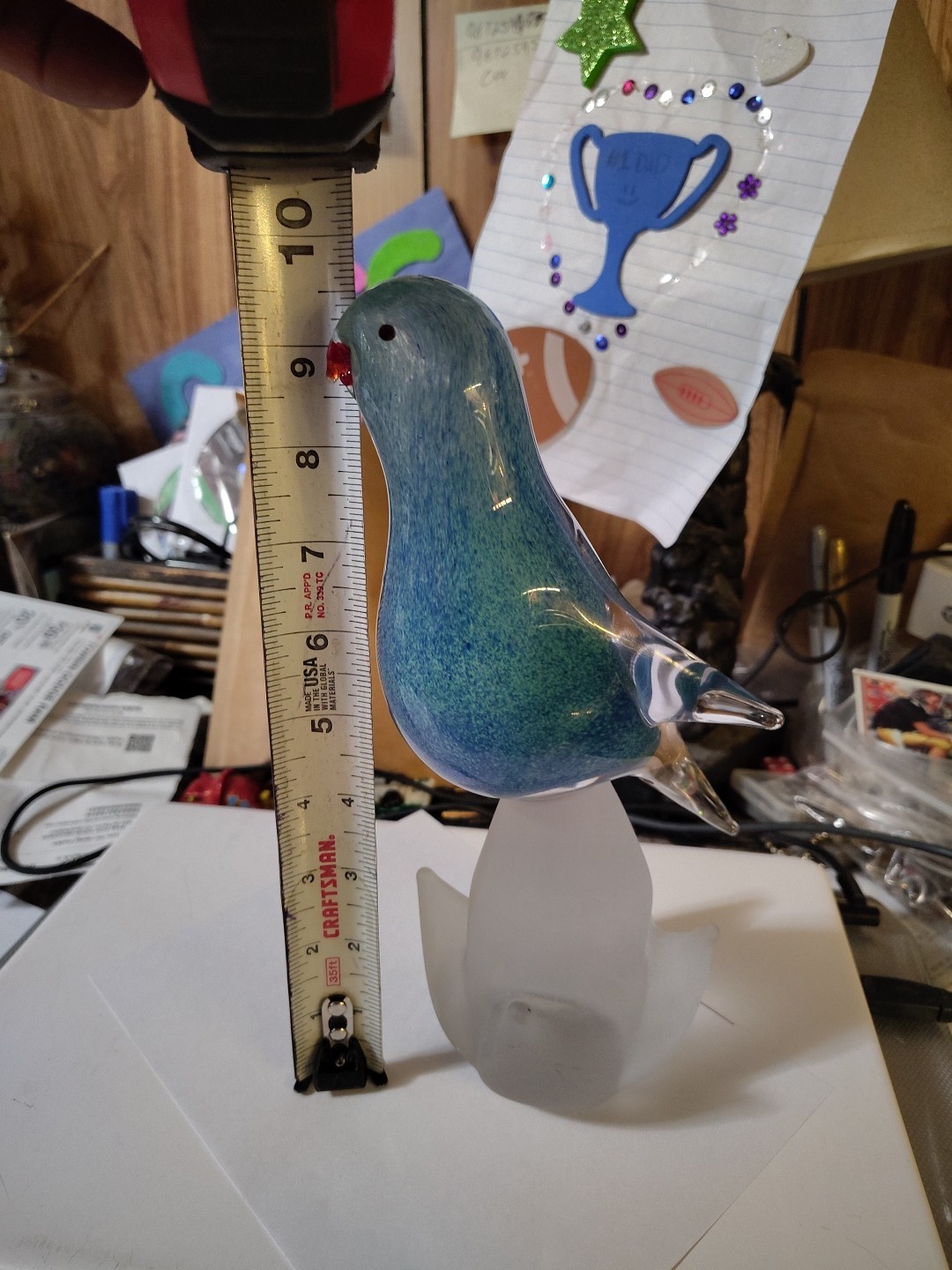 Murano Art Glass Hand Blown Blue Bird Figurine Turtle Dove On Clear Glass Perch