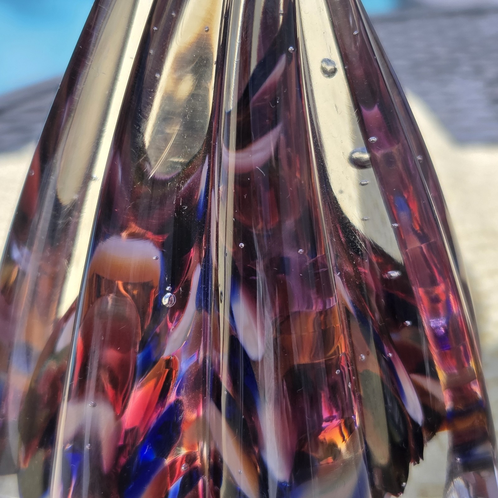 Signed 2014 Studio Art Glass Teardrop Paperweight Purple Red Bubble Sculpture